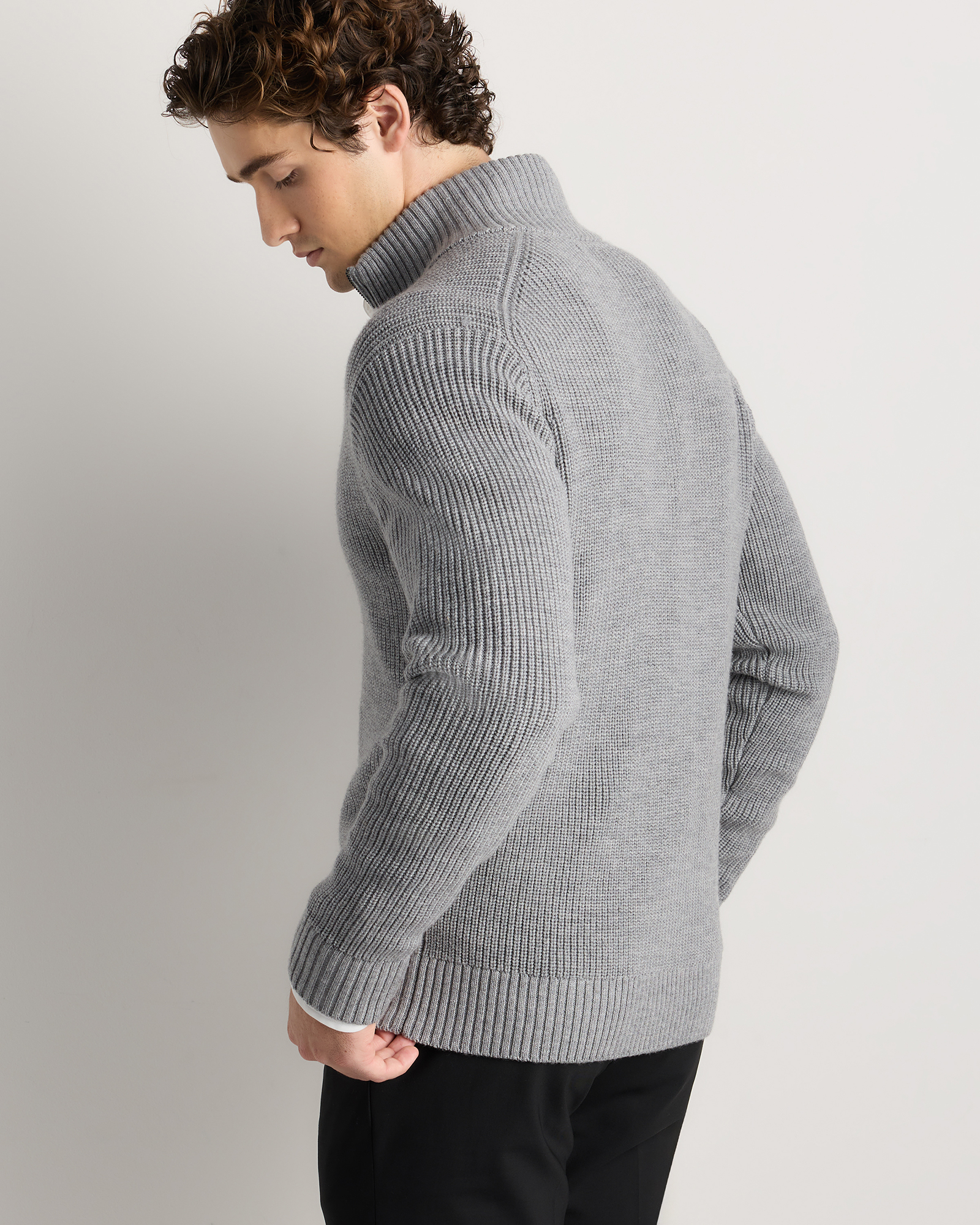 Australian Merino Wool Full Zip Sweater in Heather Grey