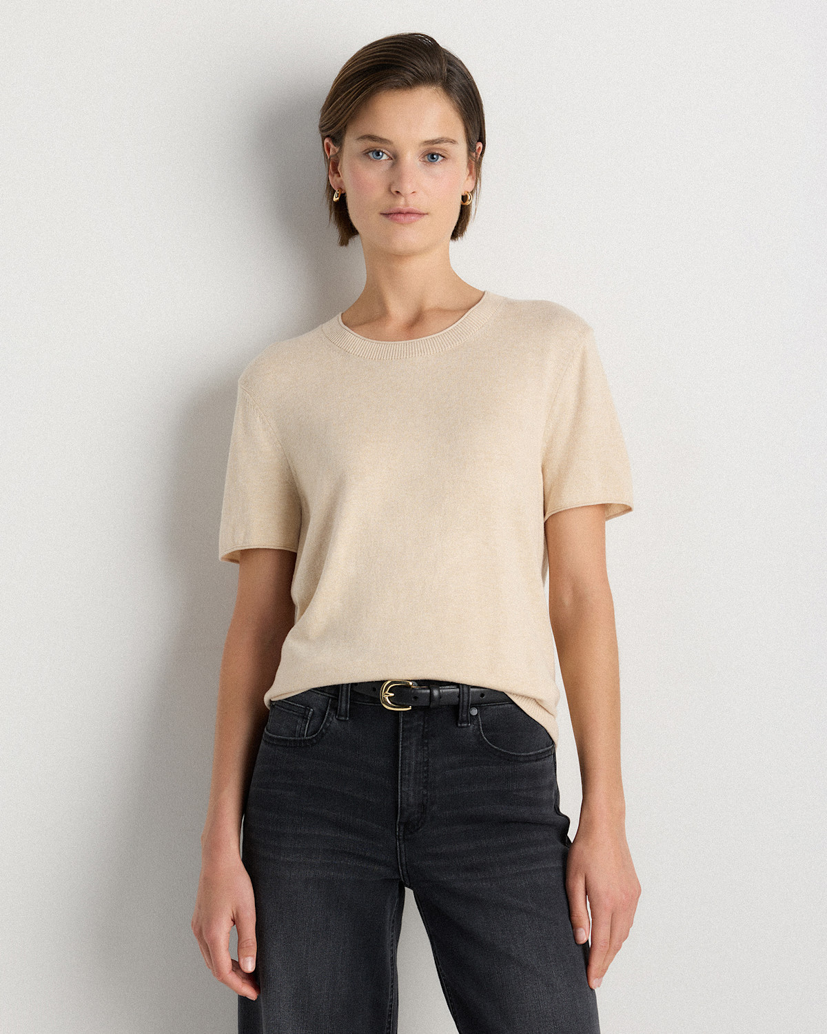 Quince Lightweight Cotton Cashmere Relaxed Sweater Tee in Heather Oatmeal