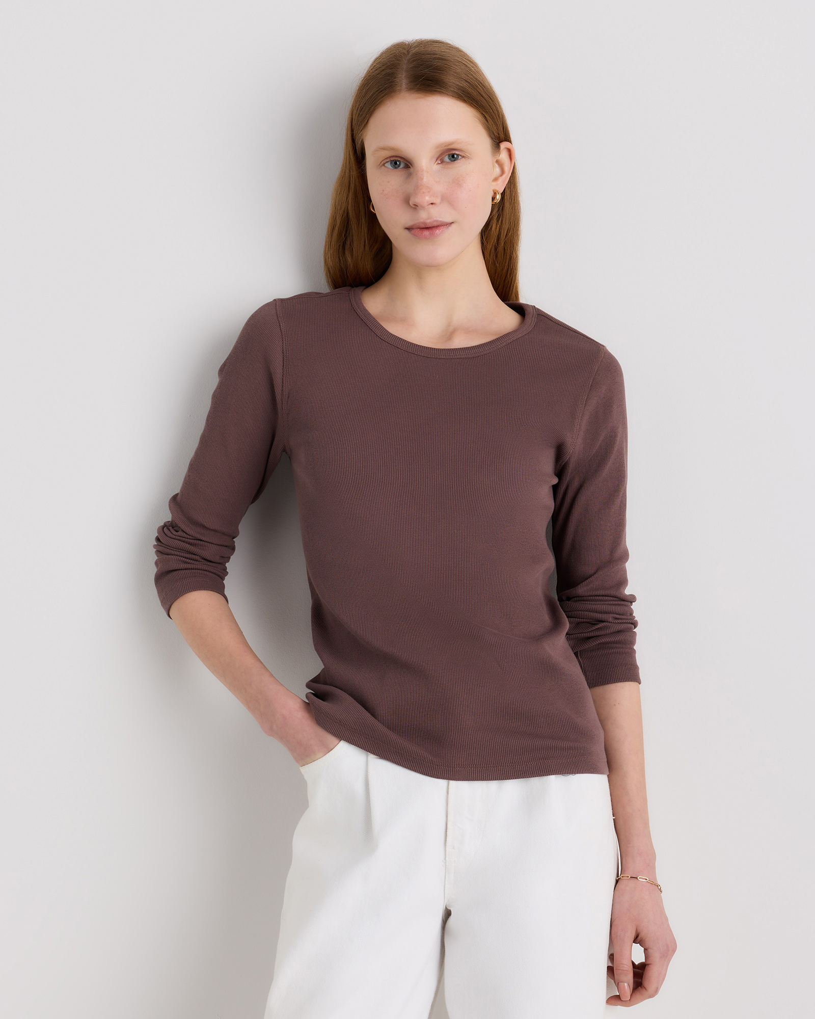 Taupe Brown Organic Cotton Micro-Rib Long Sleeve Tee