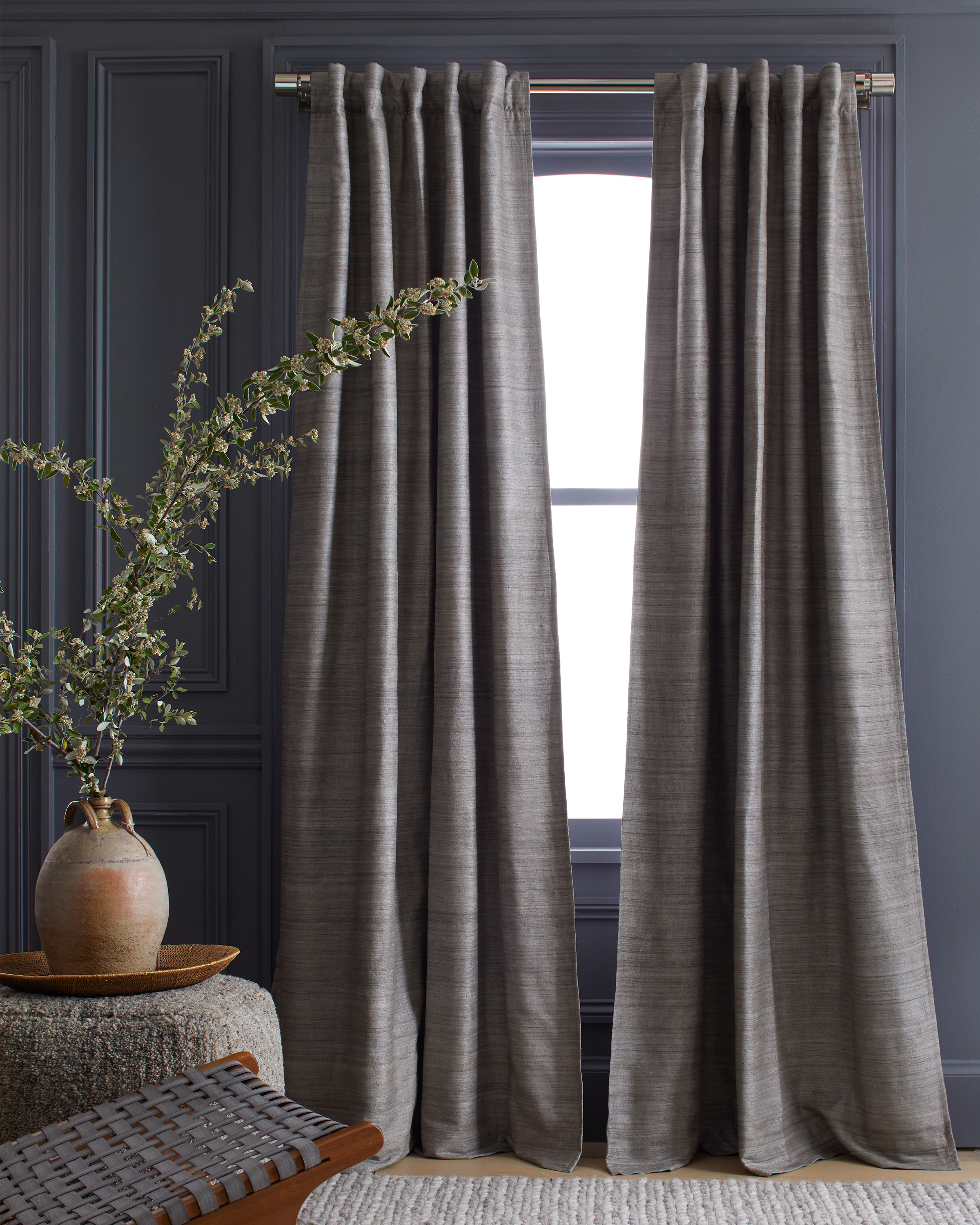 Grey Raw Silk Room Darkening Curtain