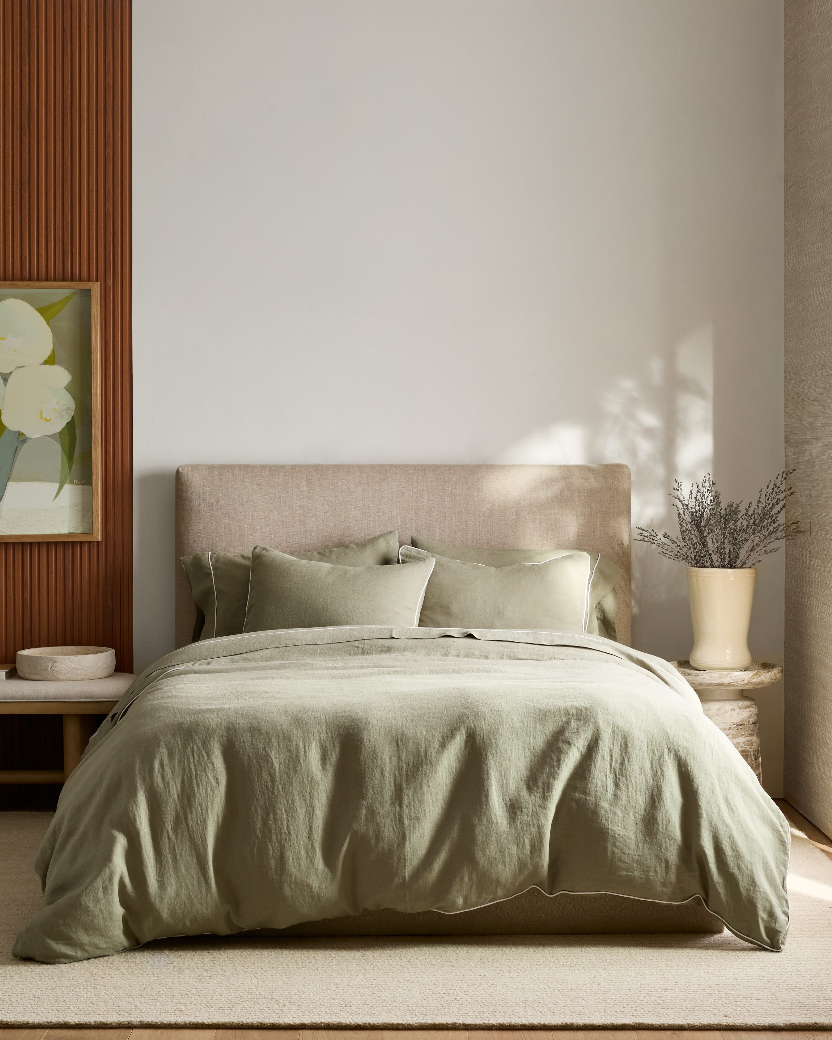 Willowleaf/White European Linen Piped Duvet Cover Set 