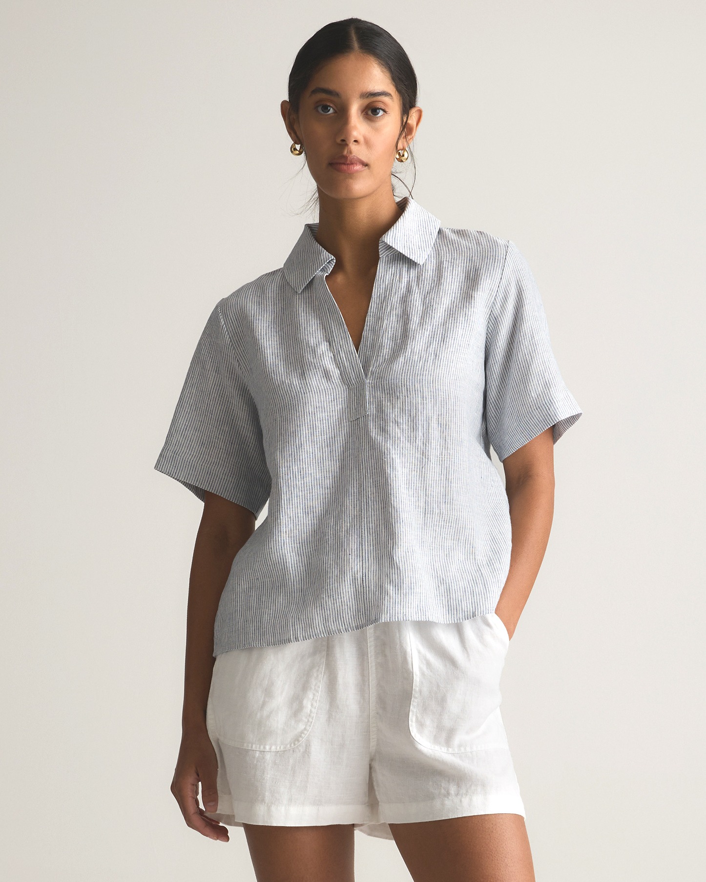 Blue Pinstripe 100% European Linen Short Sleeve Popover Top