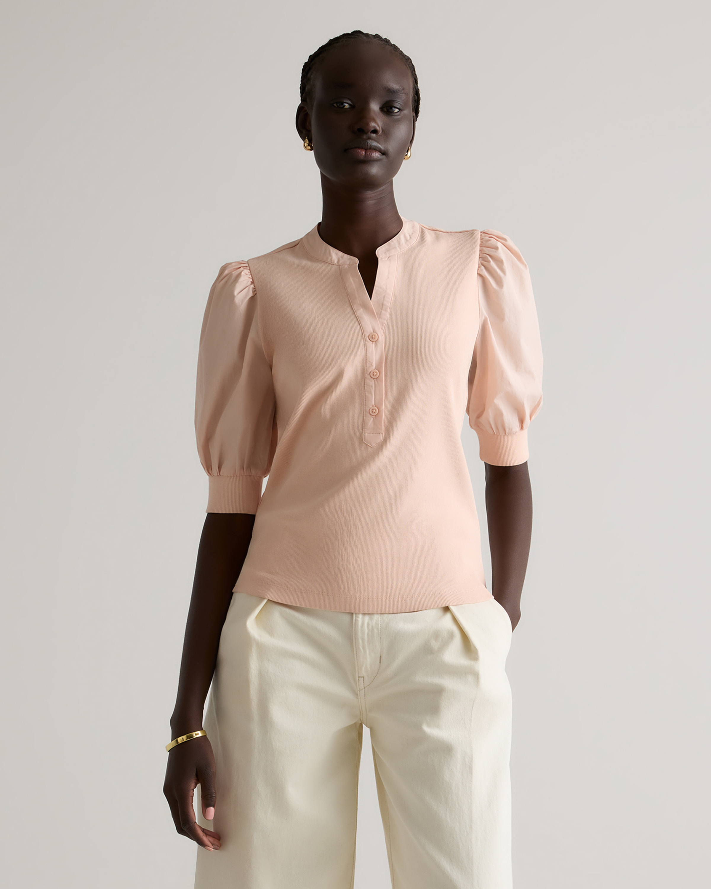 Ballet Slipper Cotton Mixed Media Puff Sleeve Top