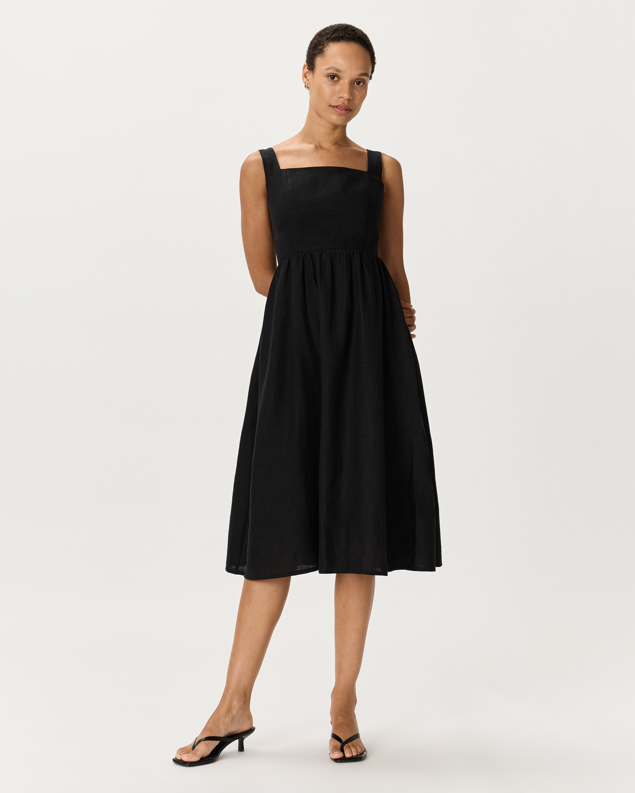 Black 100% European Linen Fit & Flare Midi Dress
