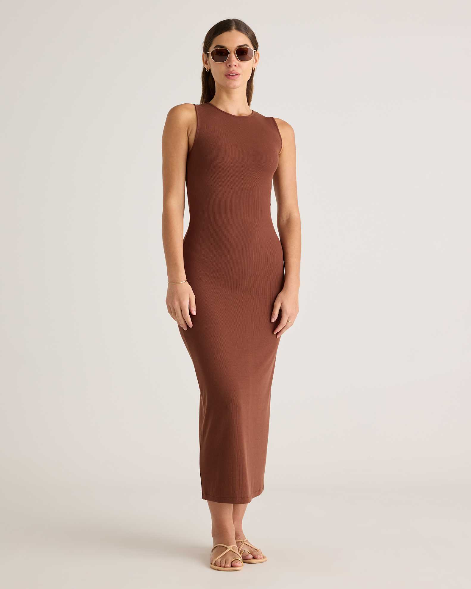 Quince Women's Tencel Rib Knit Sleeveless Midi Dress, Brown, Size Large - Soft, Breathable, Slimming & Pill-Resistant Quince Women's Tencel Rib Knit Sleeveless Midi Dress, Brown, Size Large - Soft, Breathable, Slimming & Pill-Resistant