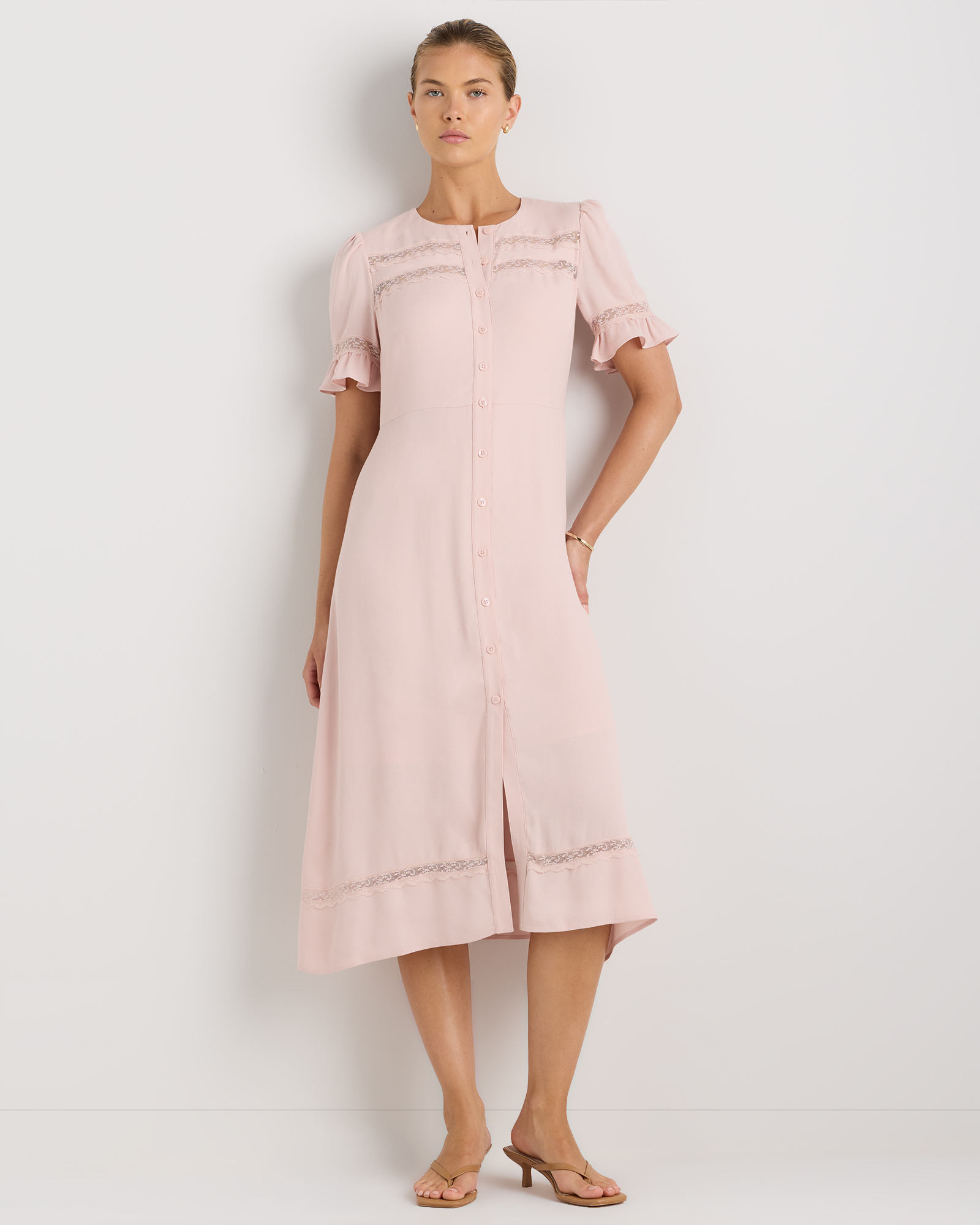 Shell Pink Lightweight Crepe Lace Inset Midi Dress