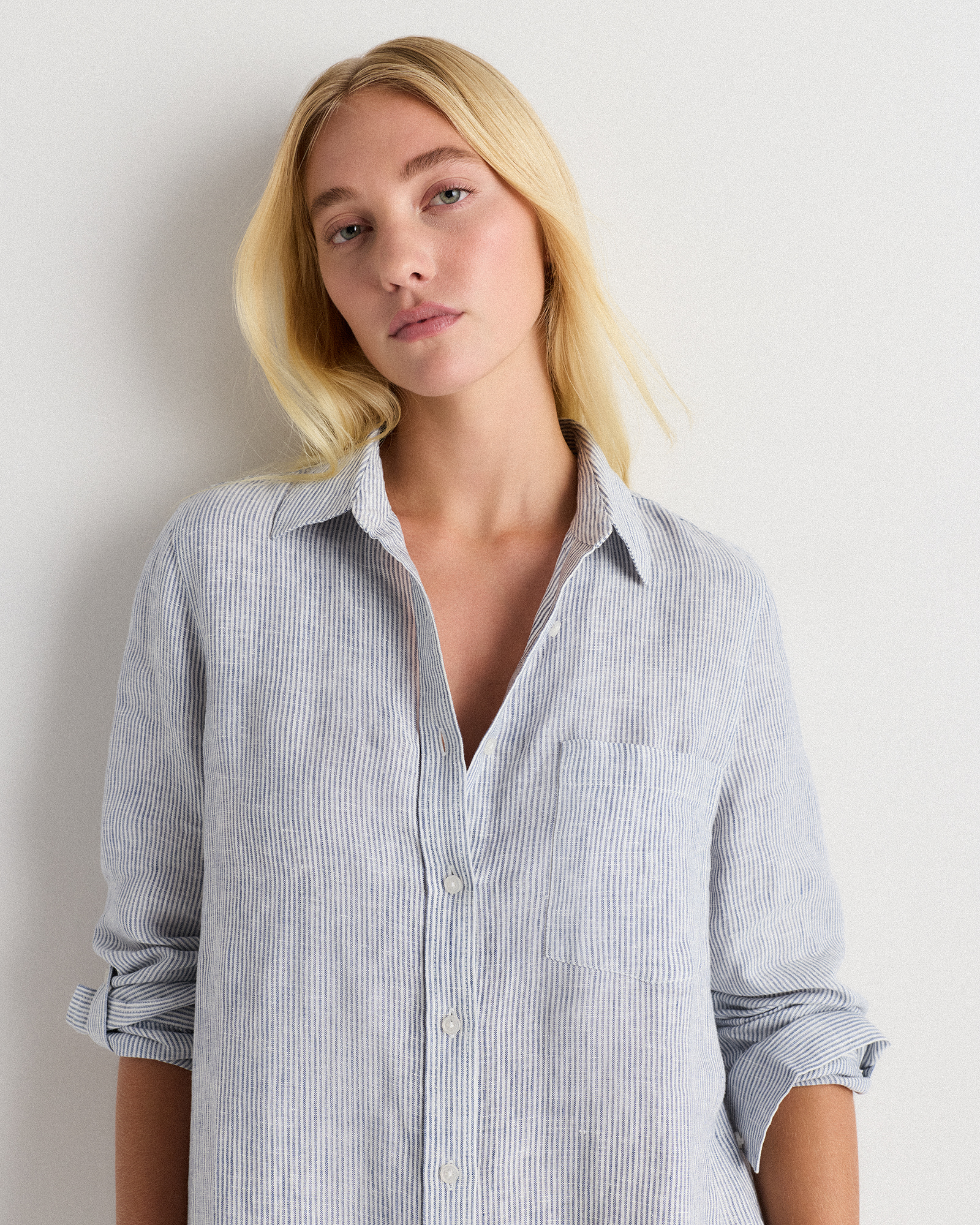 100% European Linen Shirt Dress in Blue Pinstripe
