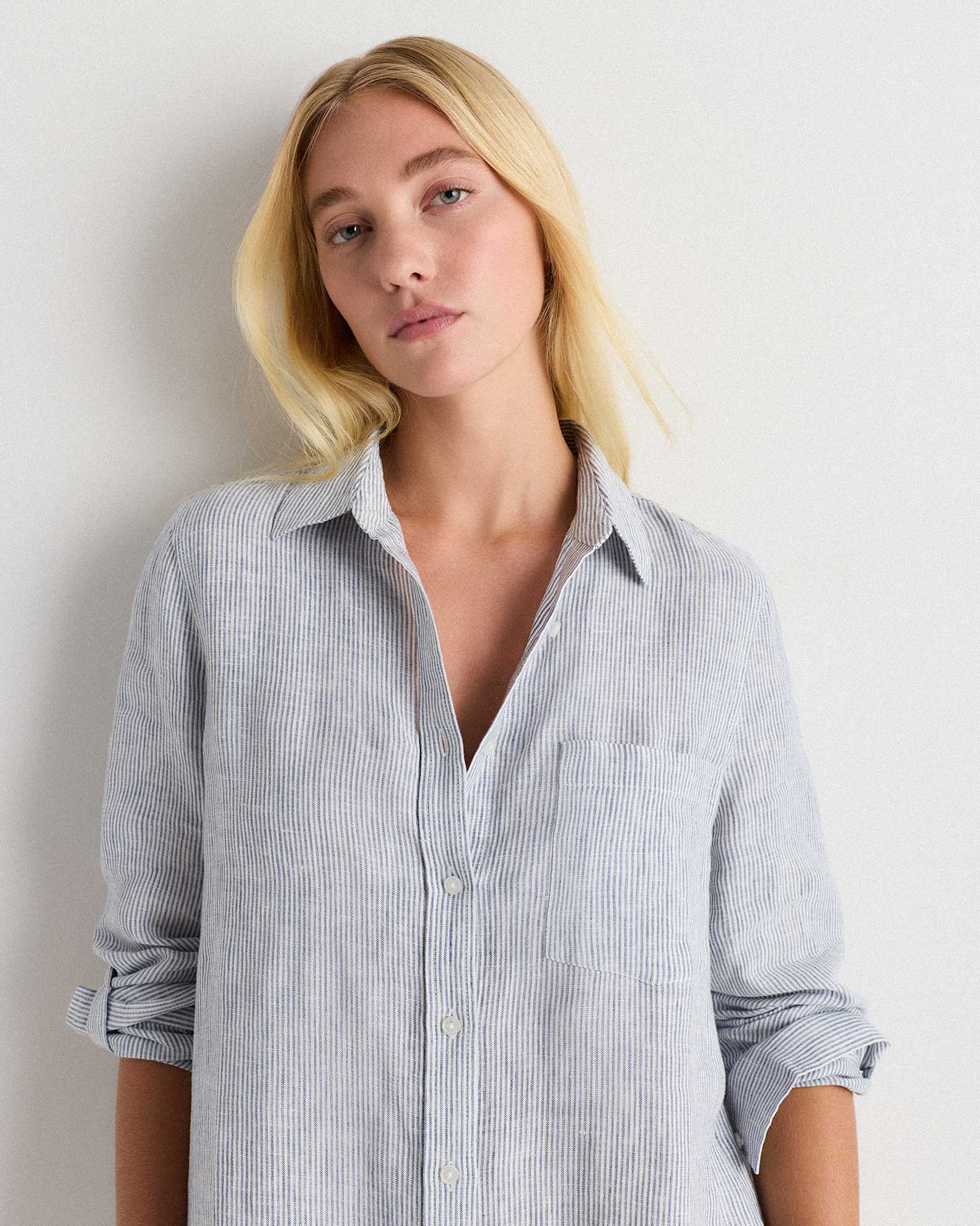 100% European Linen Shirt Dress in Blue Pinstripe 100% European Linen Shirt Dress in Blue Pinstripe