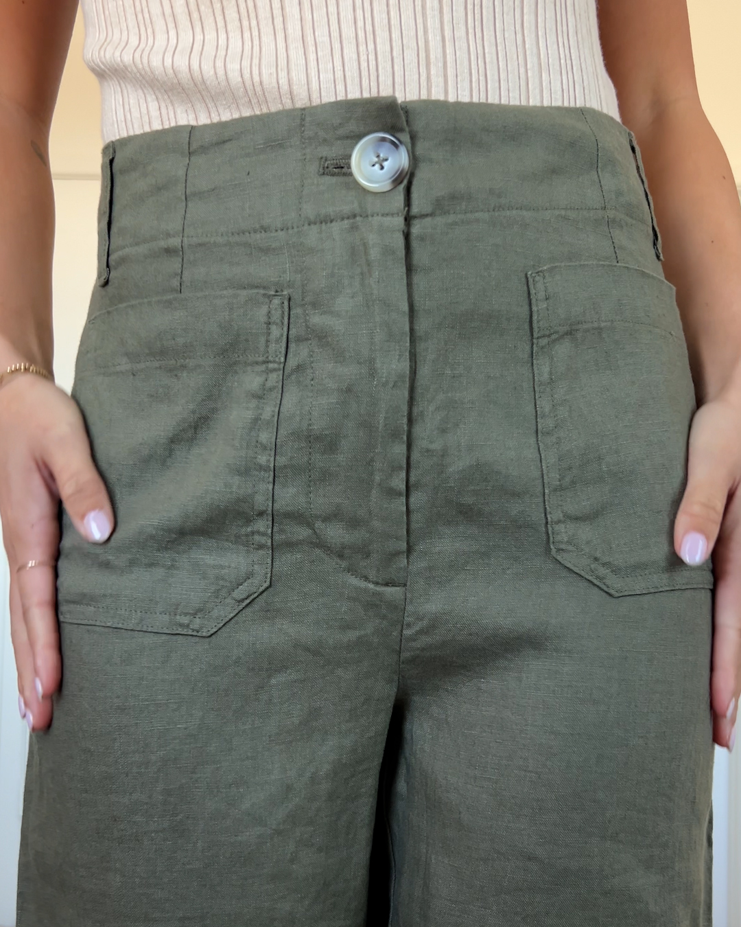 100- European Linen Patch Pocket Wide Leg Flax BayberryOlive GabbyCrays 4x5 THUMBNAIL