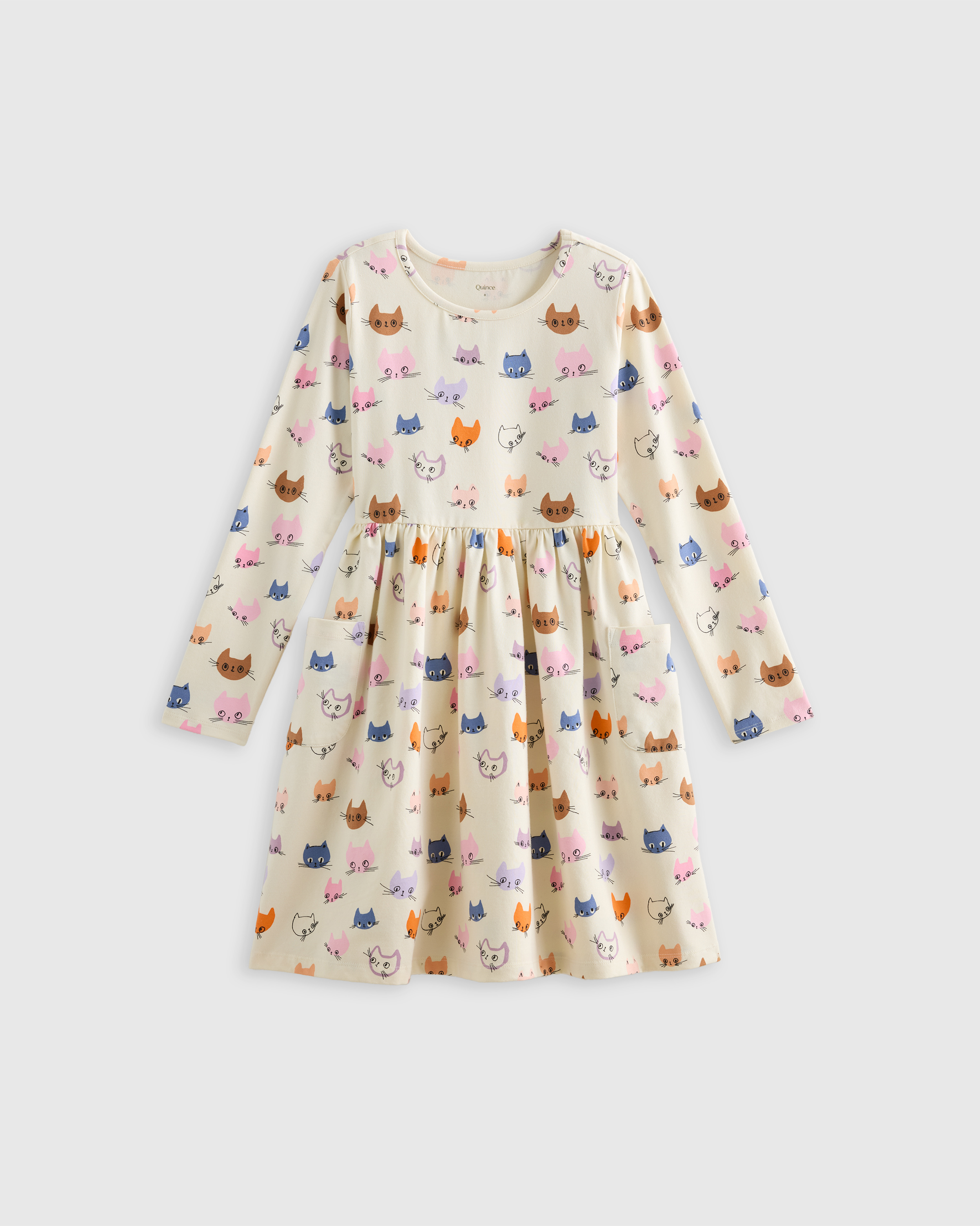Cat Faces Organic Cotton Long Sleeve Fit and Flare Pocket Dress 