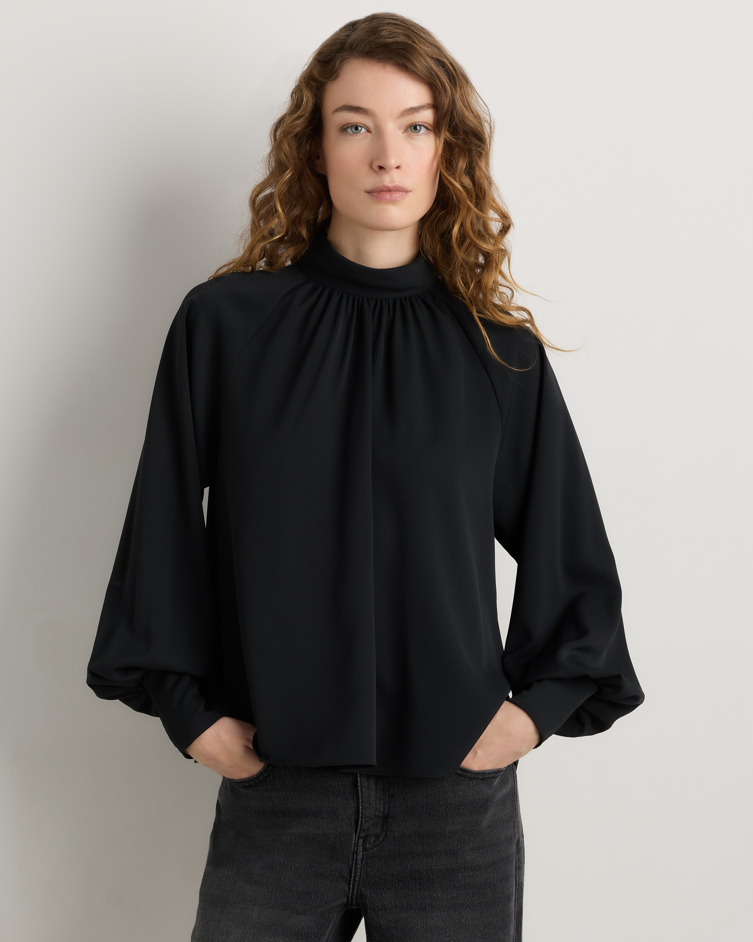True Black Drapey Chiffon Mock Neck Long Sleeve Blouse