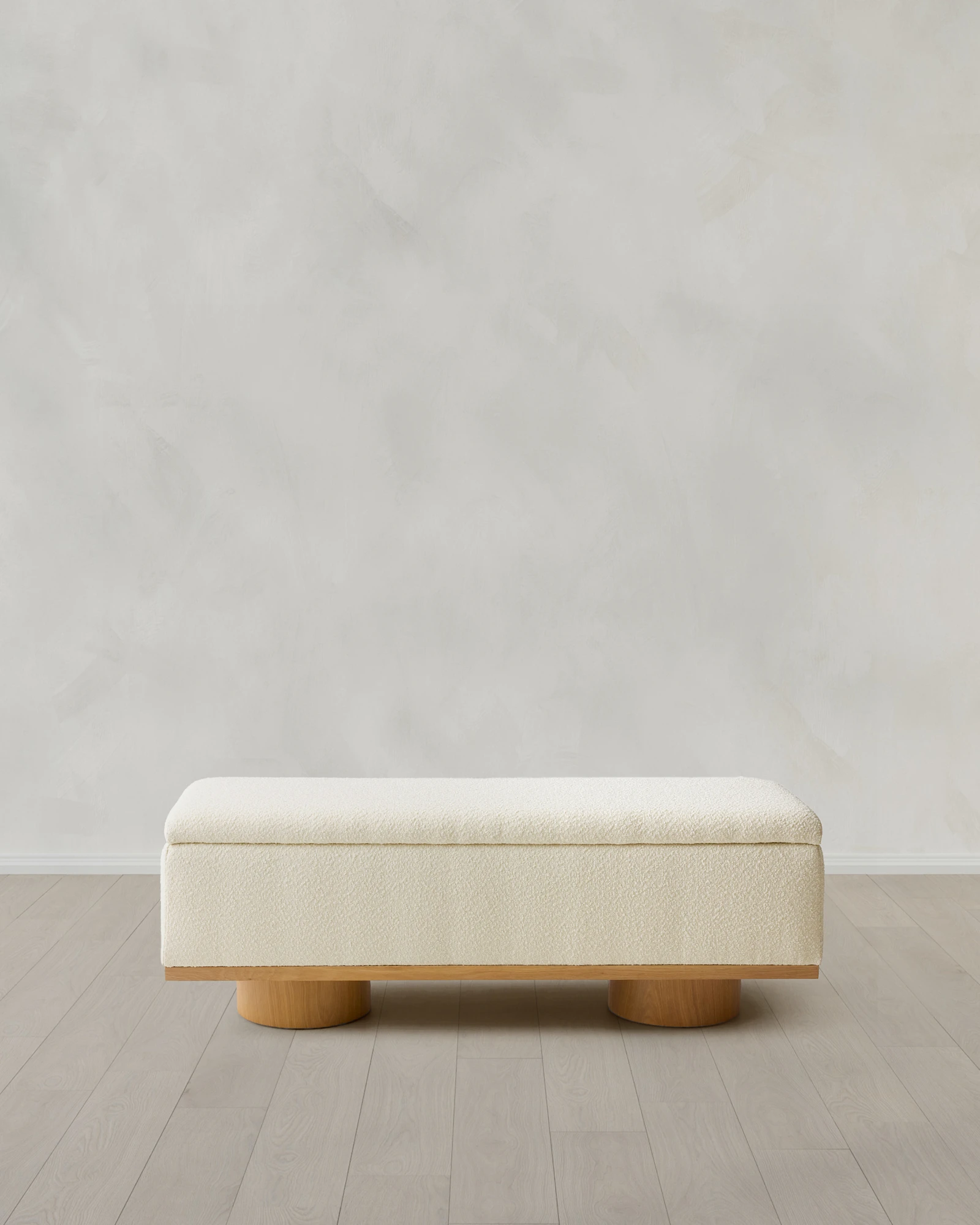 Solid Wood and Boucle Storage Bench in Ivory