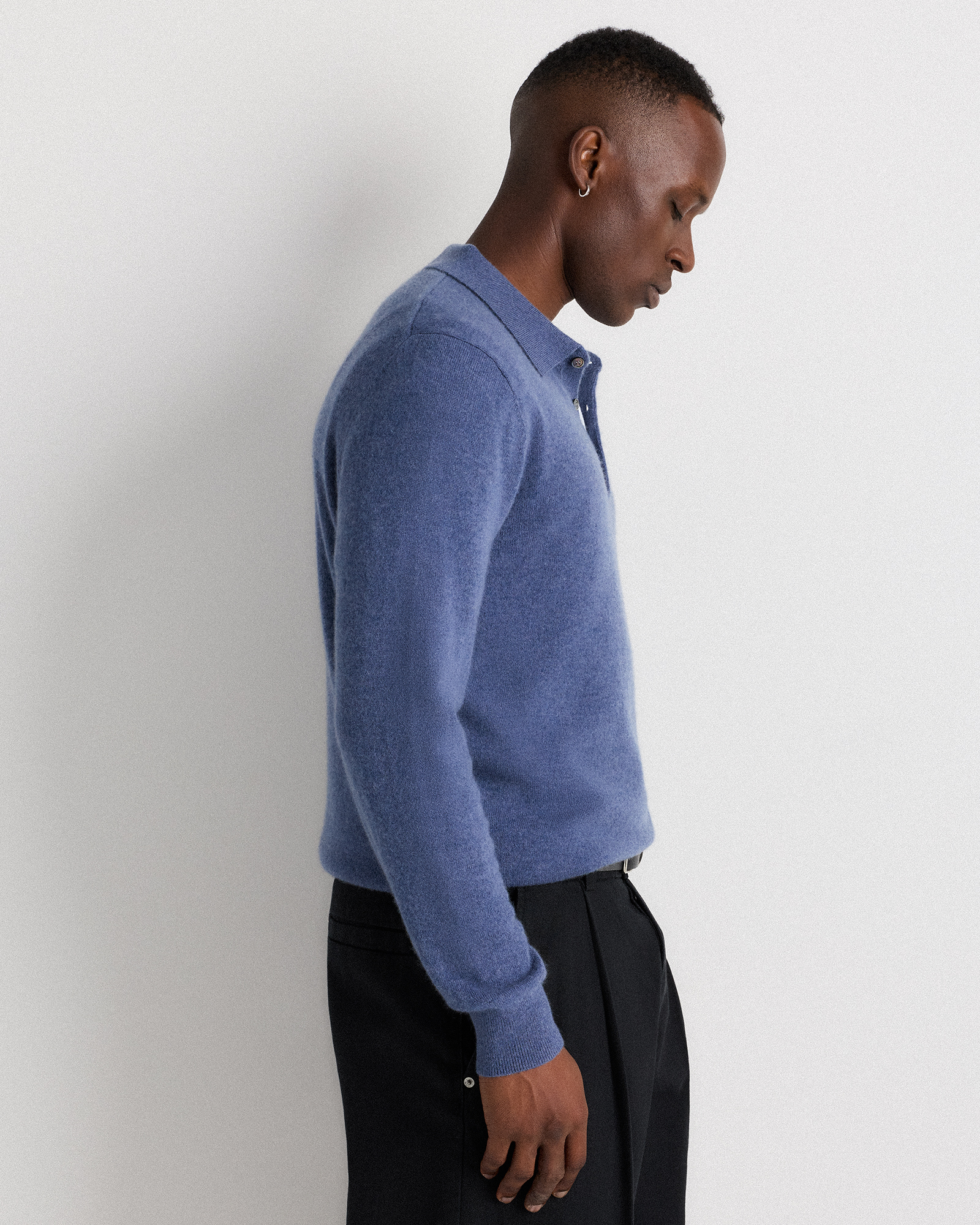 Mongolian Cashmere Polo Sweater in Heather Storm Blue