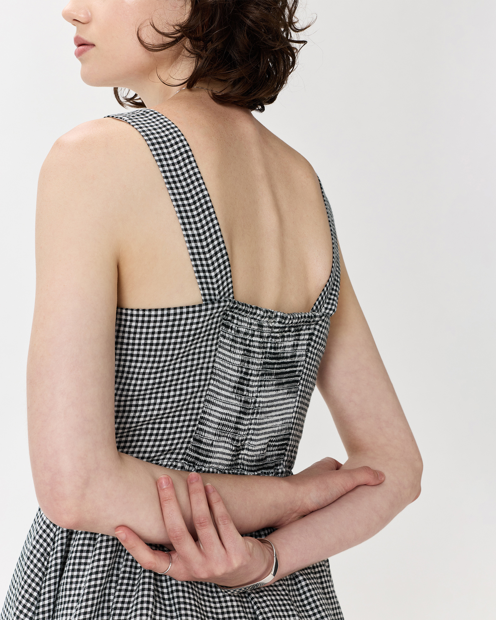 100% European Linen Fit & Flare Midi Dress in Classic Mini Gingham