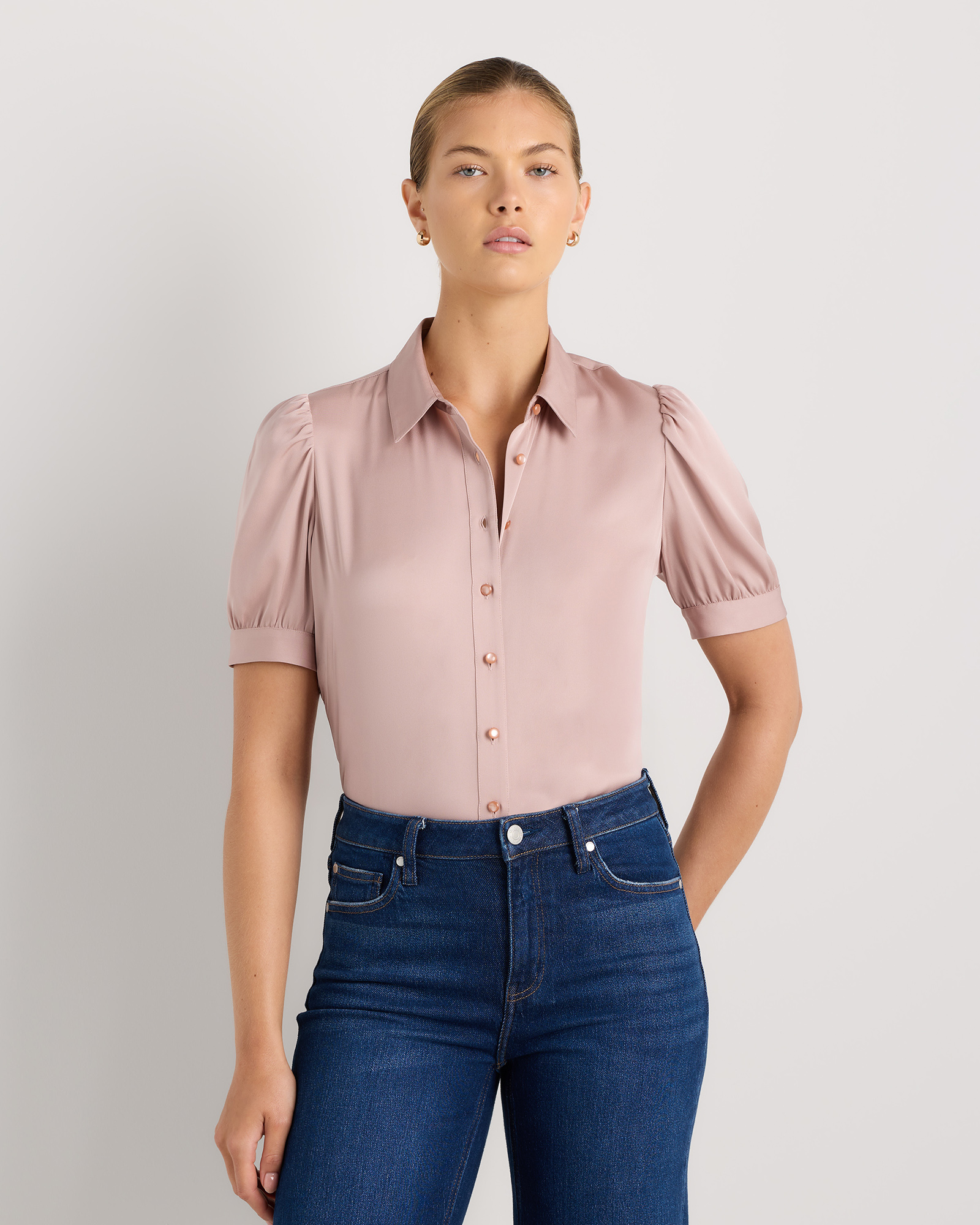 Vintage Pink Washable Stretch Silk Puff Sleeve Blouse