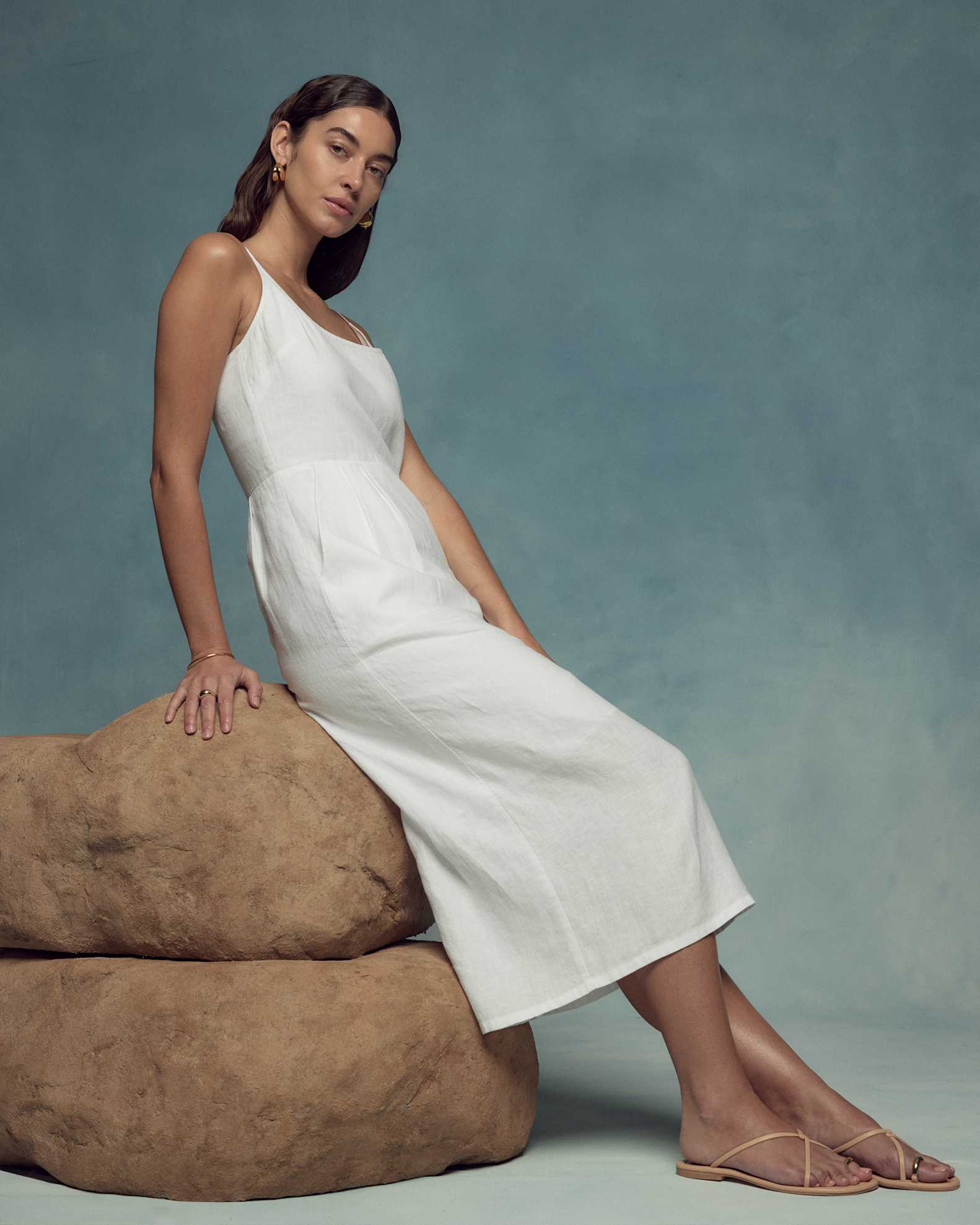 100% European Linen Scoop Neck Midi Dress in White