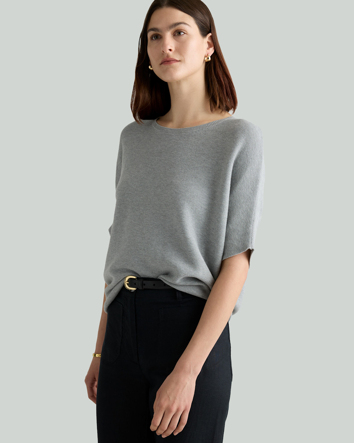 Quince Lightweight Cotton Cashmere Link-Stitch Dolman Sweater in Heather Grey
