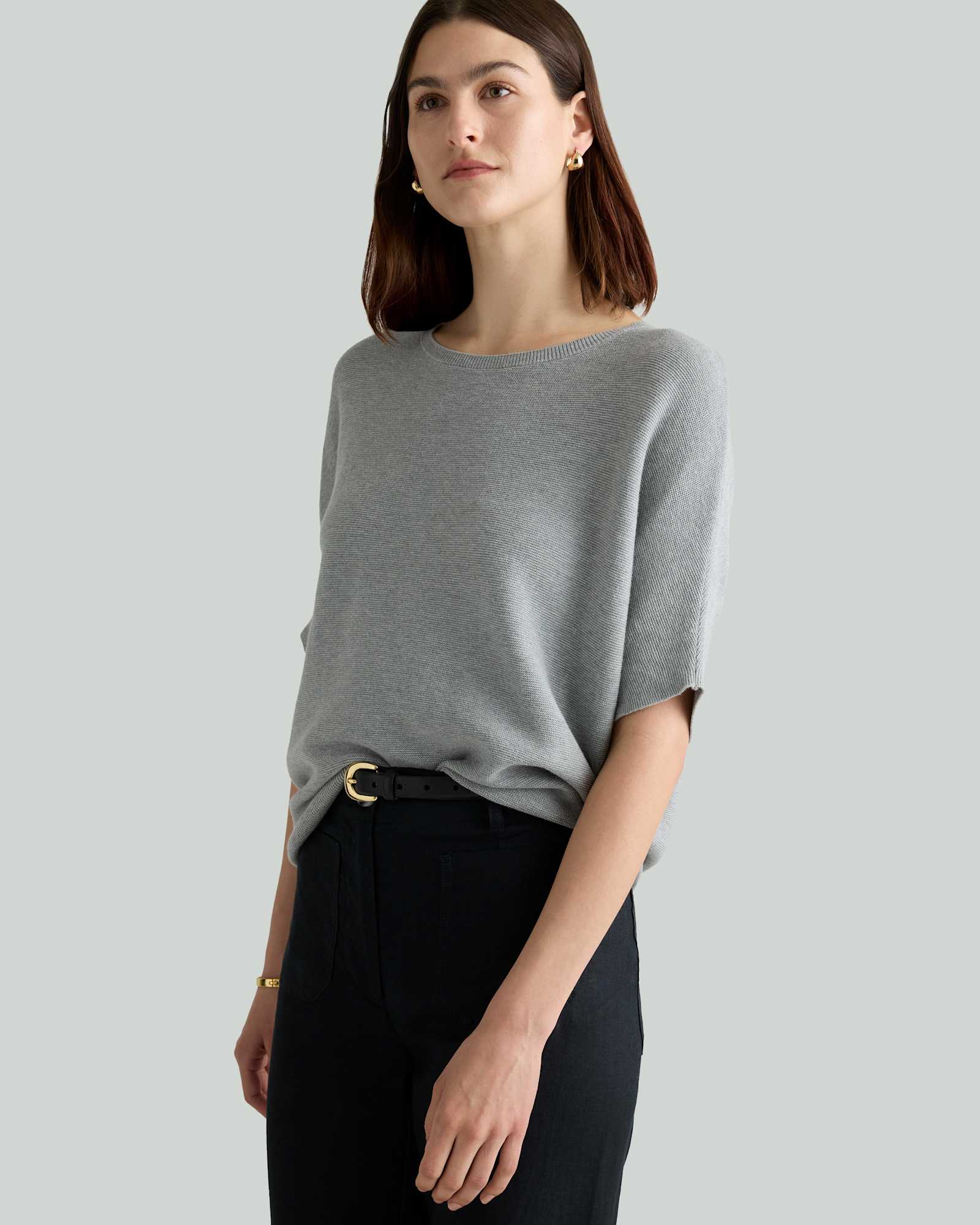 Heather Grey Lightweight Cotton Cashmere Link-Stitch Dolman Sweater