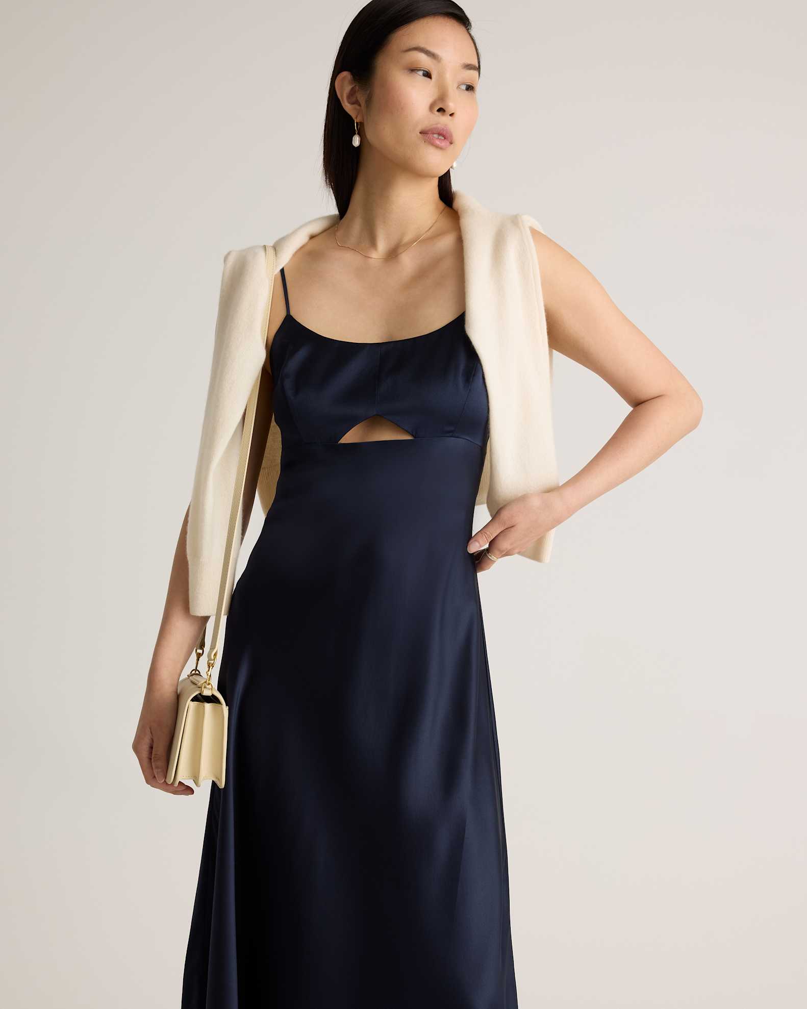 100% Washable Silk Cutout Midi Slip Dress in Navy 100% Washable Silk Cutout Midi Slip Dress in Navy