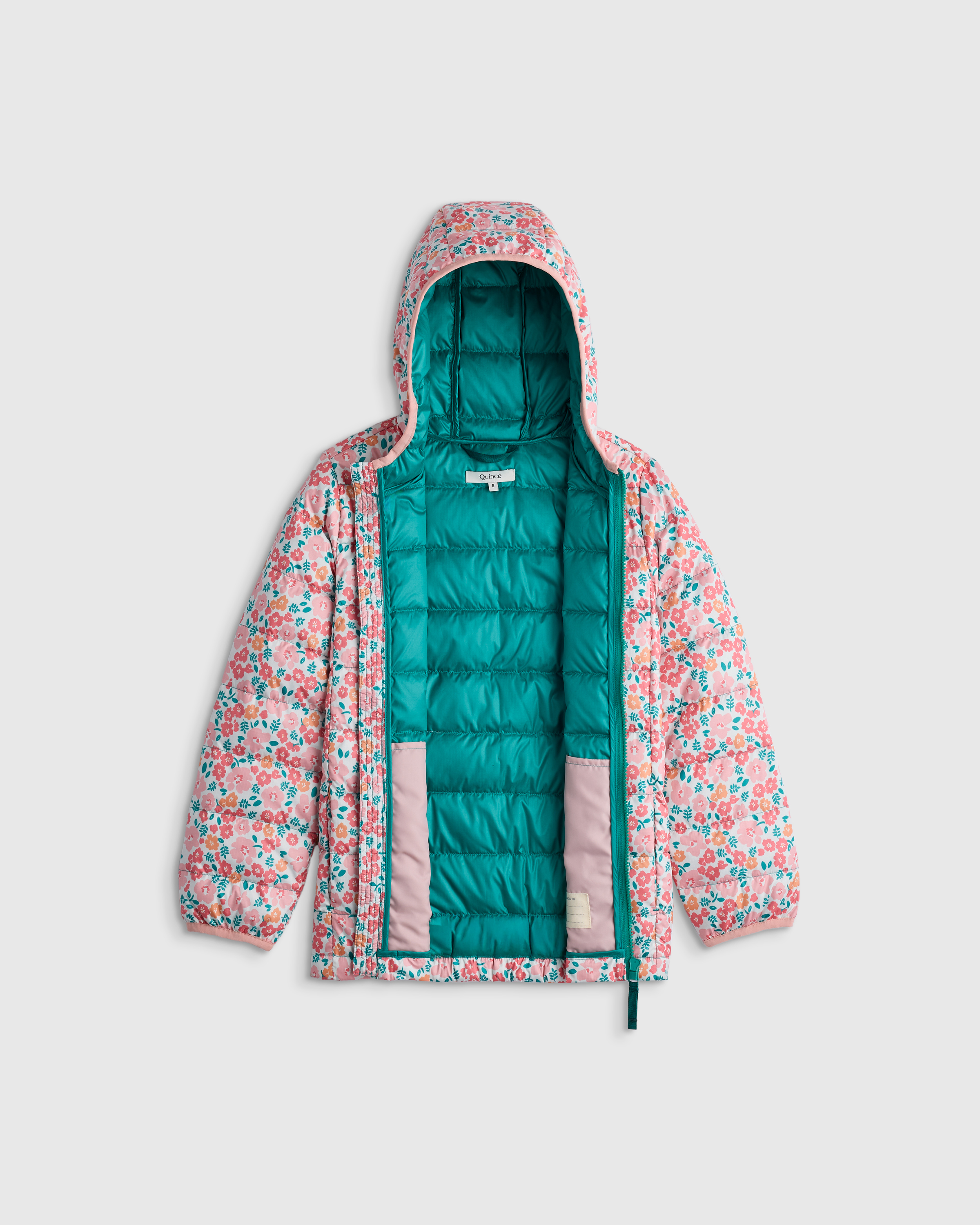 U--302 KID Lightweight Down Hooded Puffer Jacket - Kid Gender Neutral Pink-Green Floral 15585 CROPPED