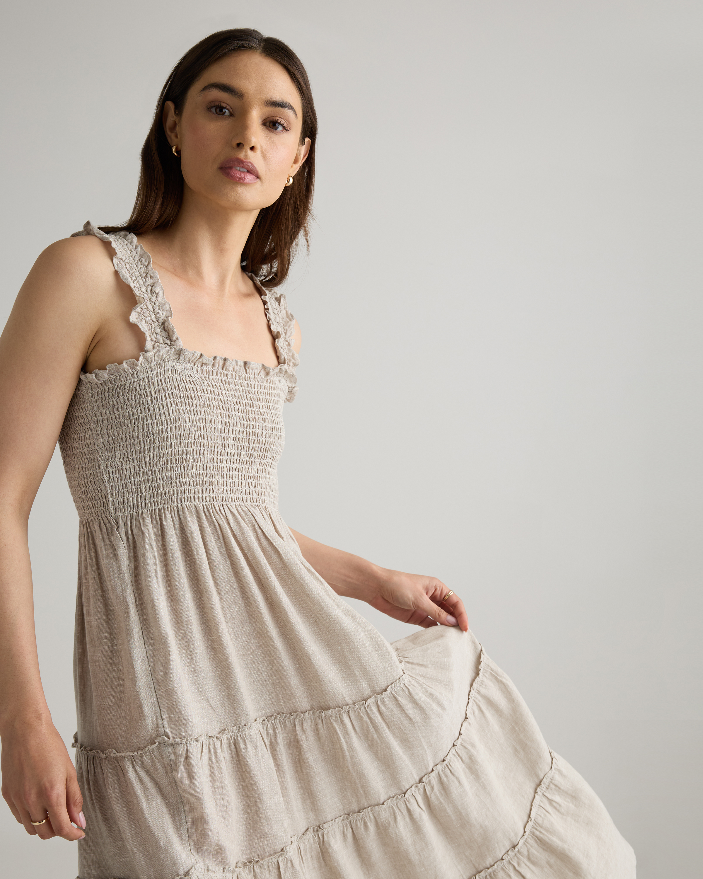 100% European Linen Smocked Midi Dress