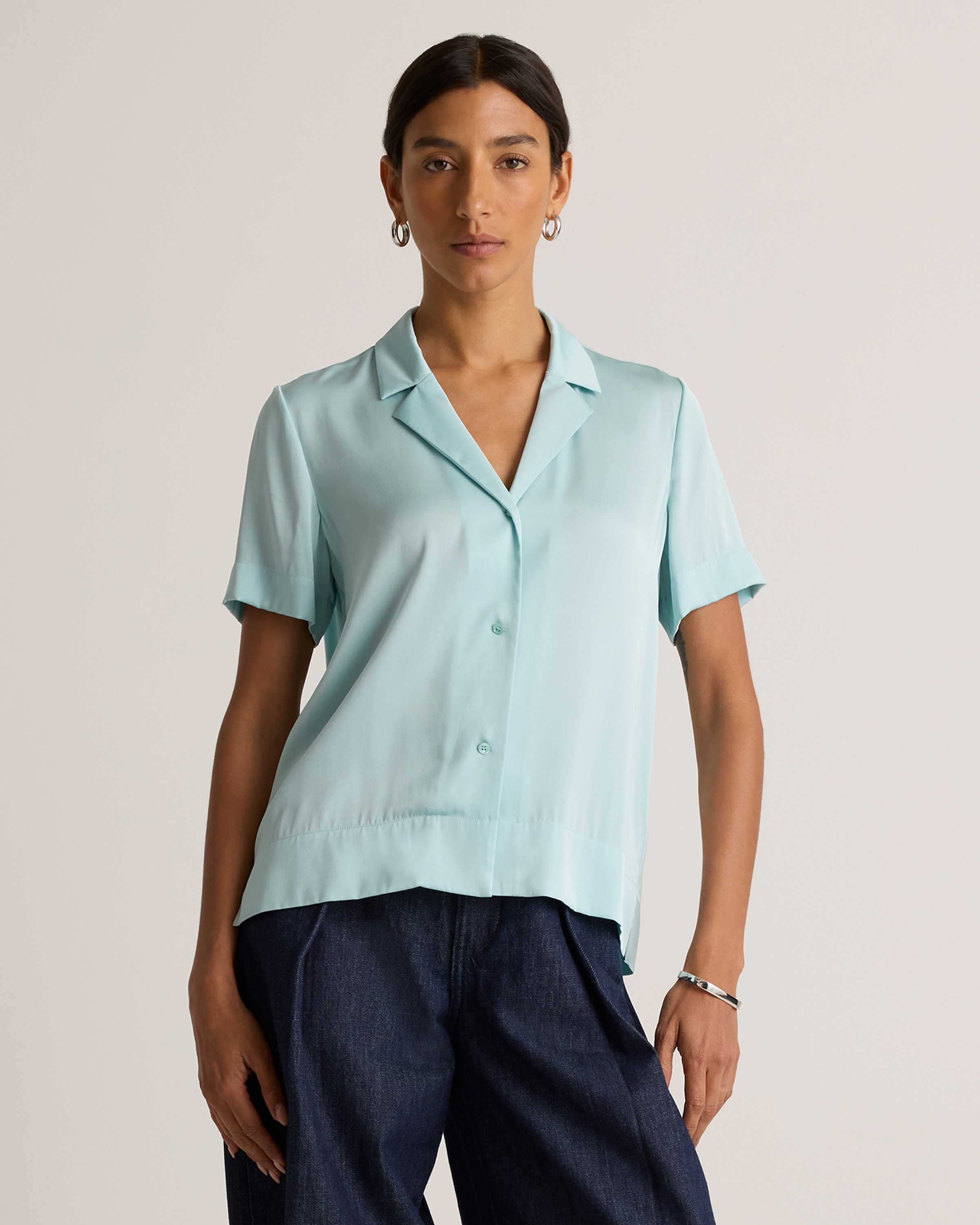 Aqua Pearl Washable Stretch Silk Short Sleeve Notch Collar Blouse