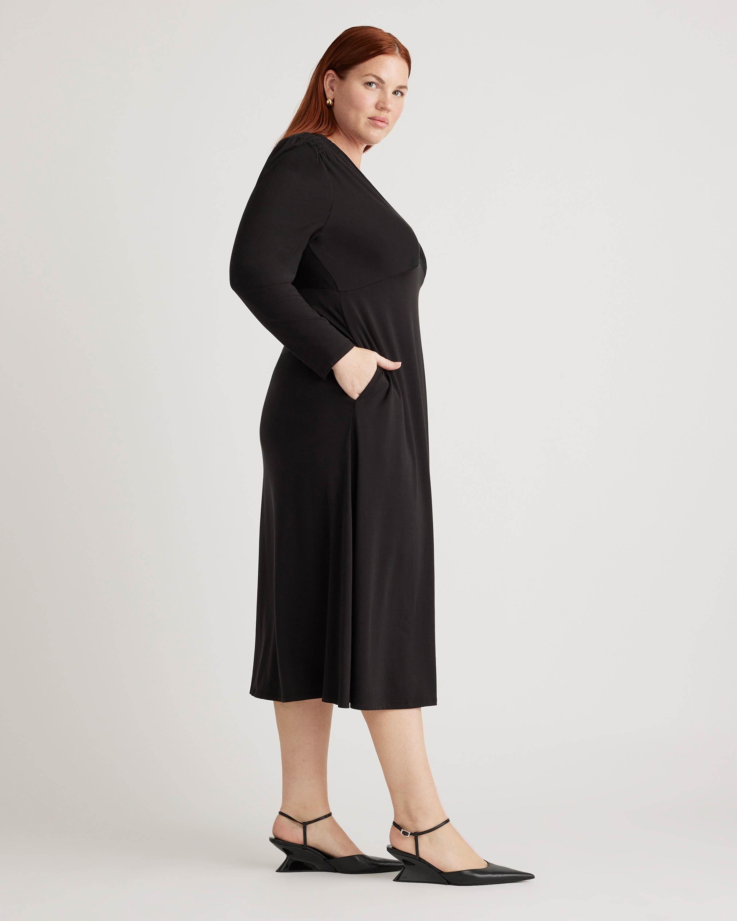 Tencel Jersey V-Neck Long Sleeve Midi Dress