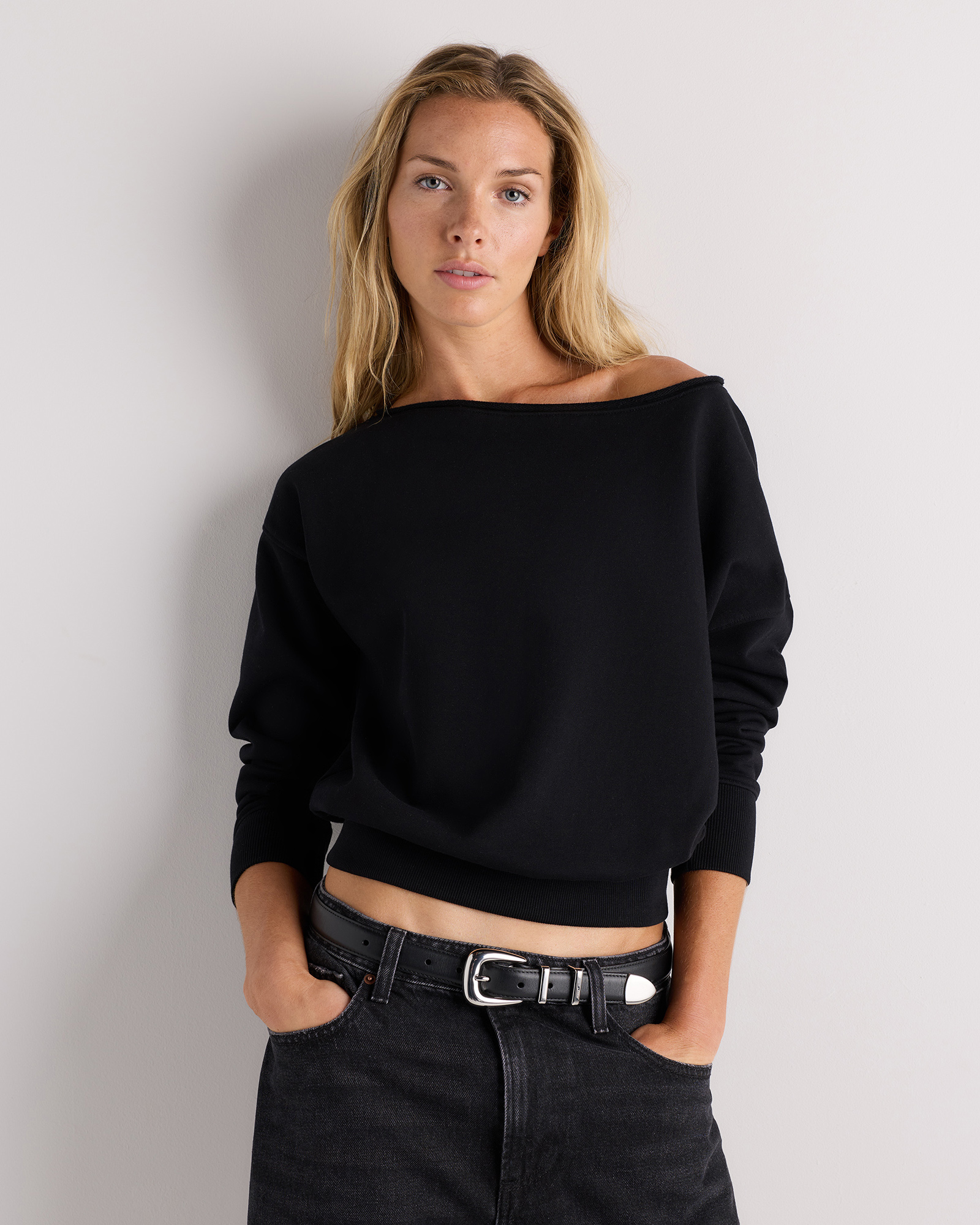 Bold Black Organic French Terry Off-Shoulder Sweatshirt