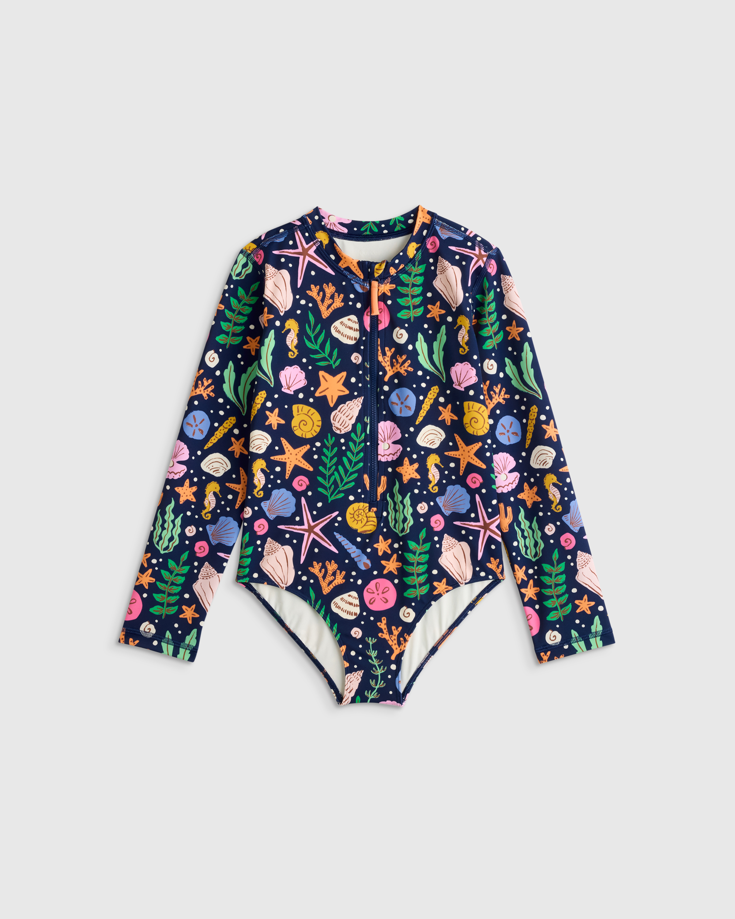 Navy Seashells Long Sleeve Zip-Up Swimsuit