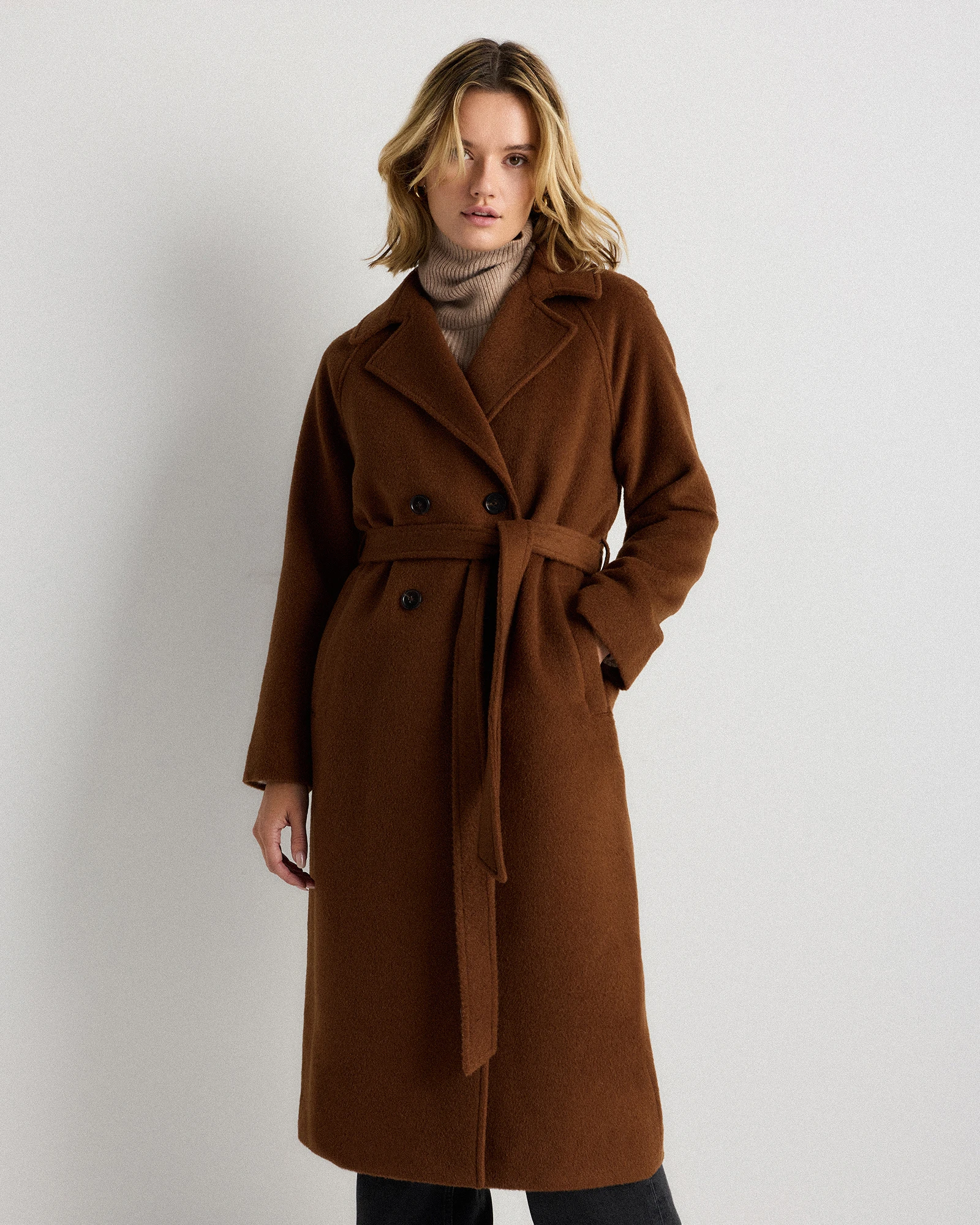 Camel Hair Double-Breasted Long Wrap Coat in Black