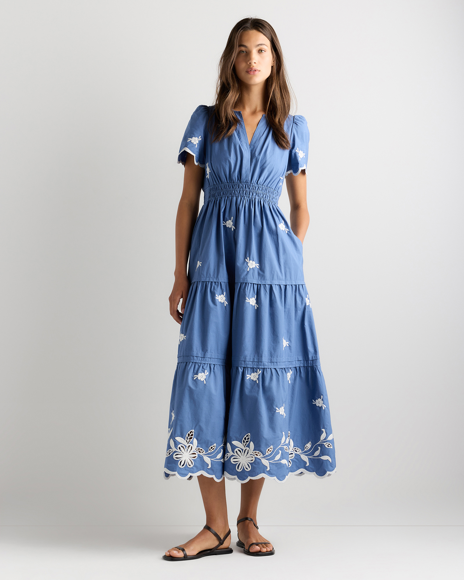 Moonstone Blue 100% Organic Cotton Poplin Embroidered Tiered Maxi Dress 