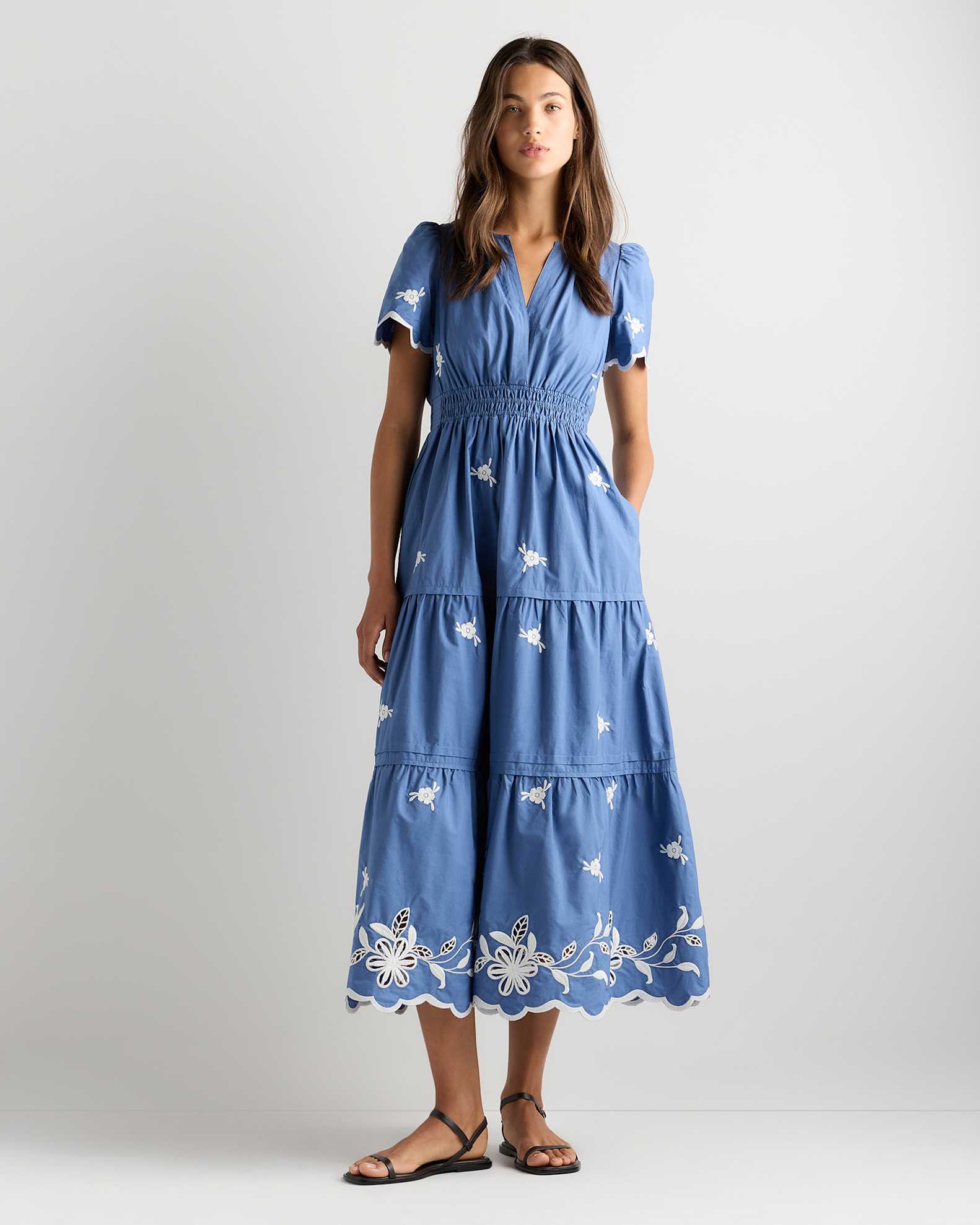 cotton dresses maxi Women's Meadow Mornings Blue Stripe Floral Embroidered Dress | Color: Light Blue | Size: L length maxi silhouette for a graceful Women's The Felicity Red Cotton