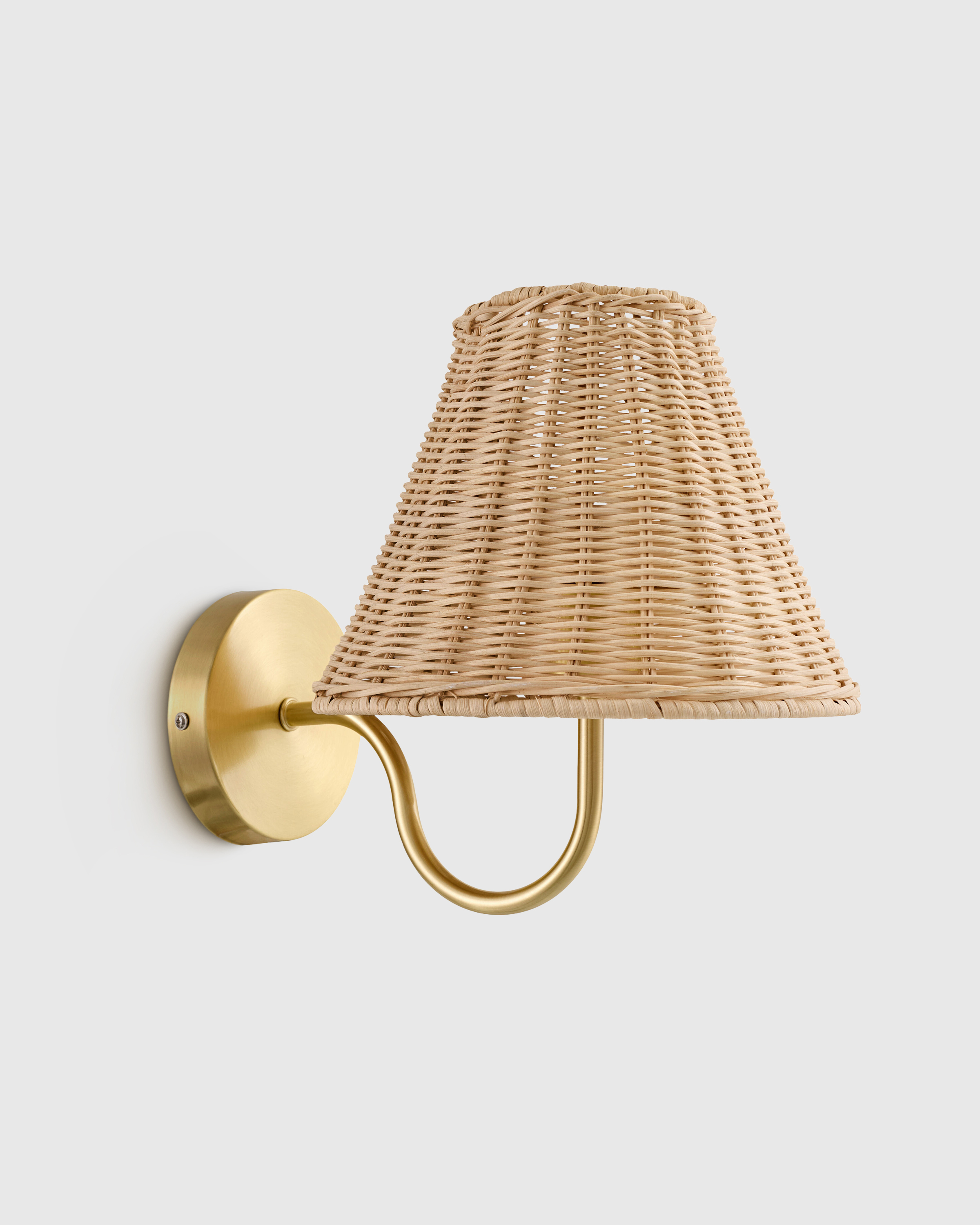 Light Brown Curved Iron Sconce with Rattan Shade