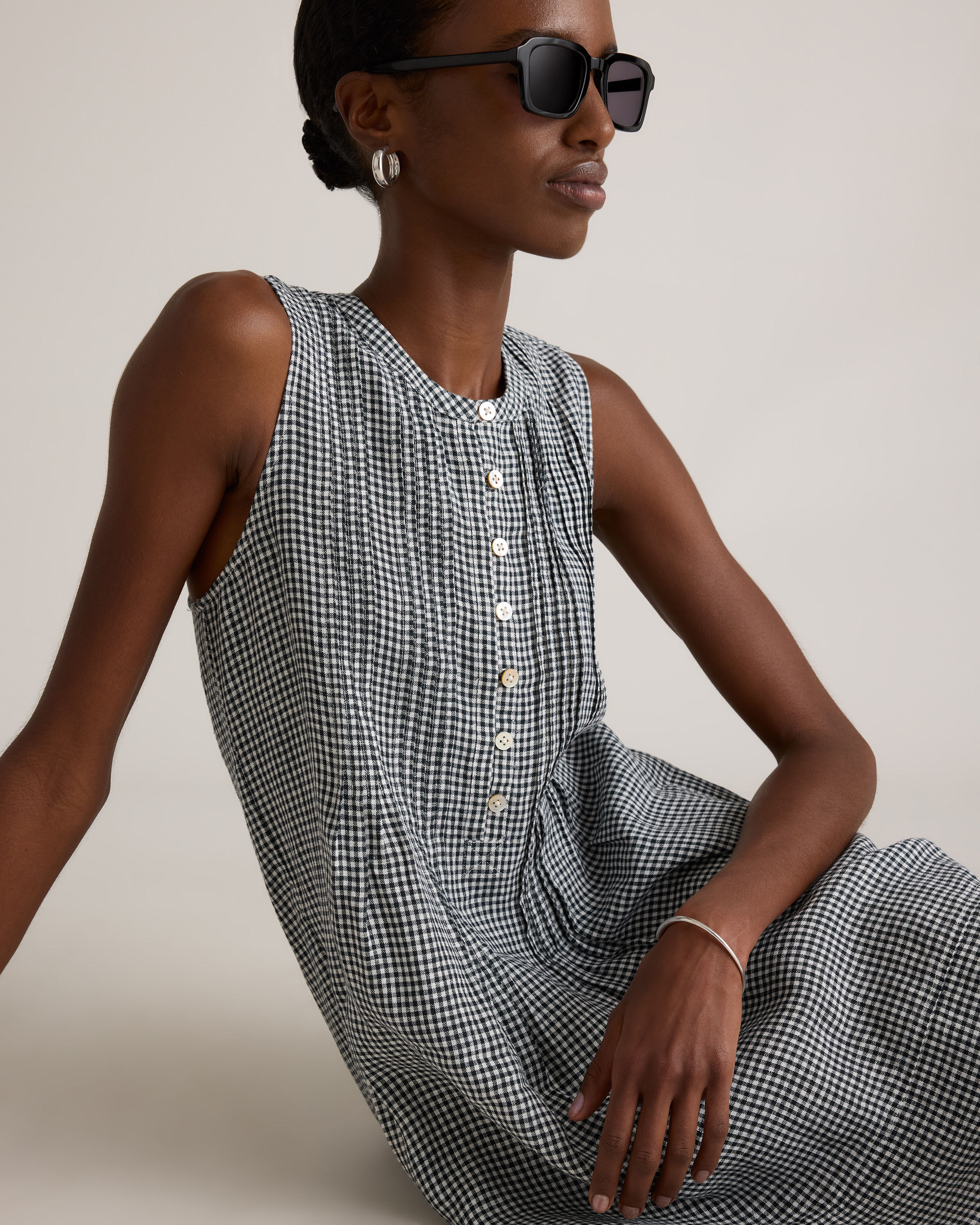 100% European Linen Sleeveless Swing Dress in Classic Mini Gingham