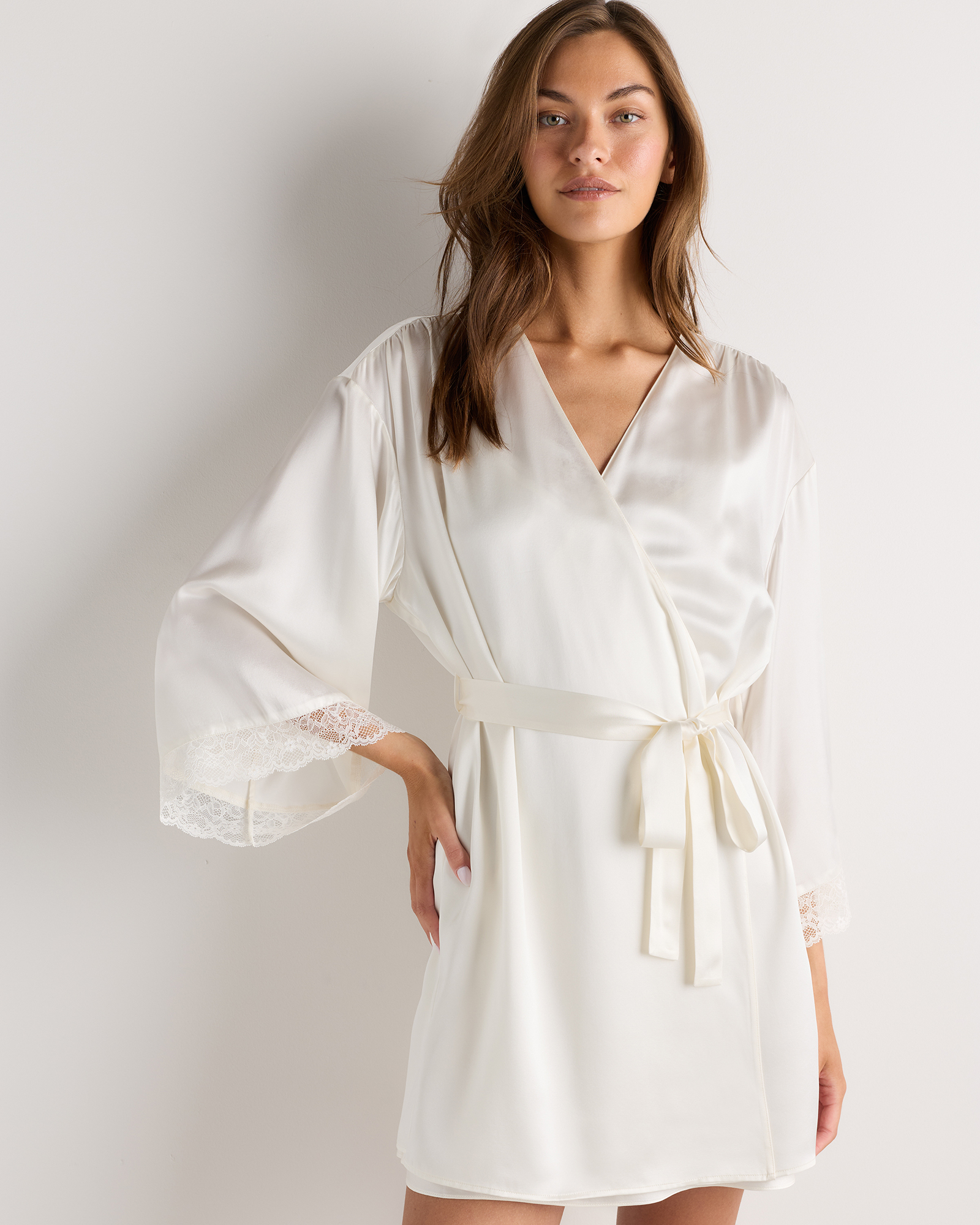 Ivory 100% Washable Silk Satin Lace Trim Robe