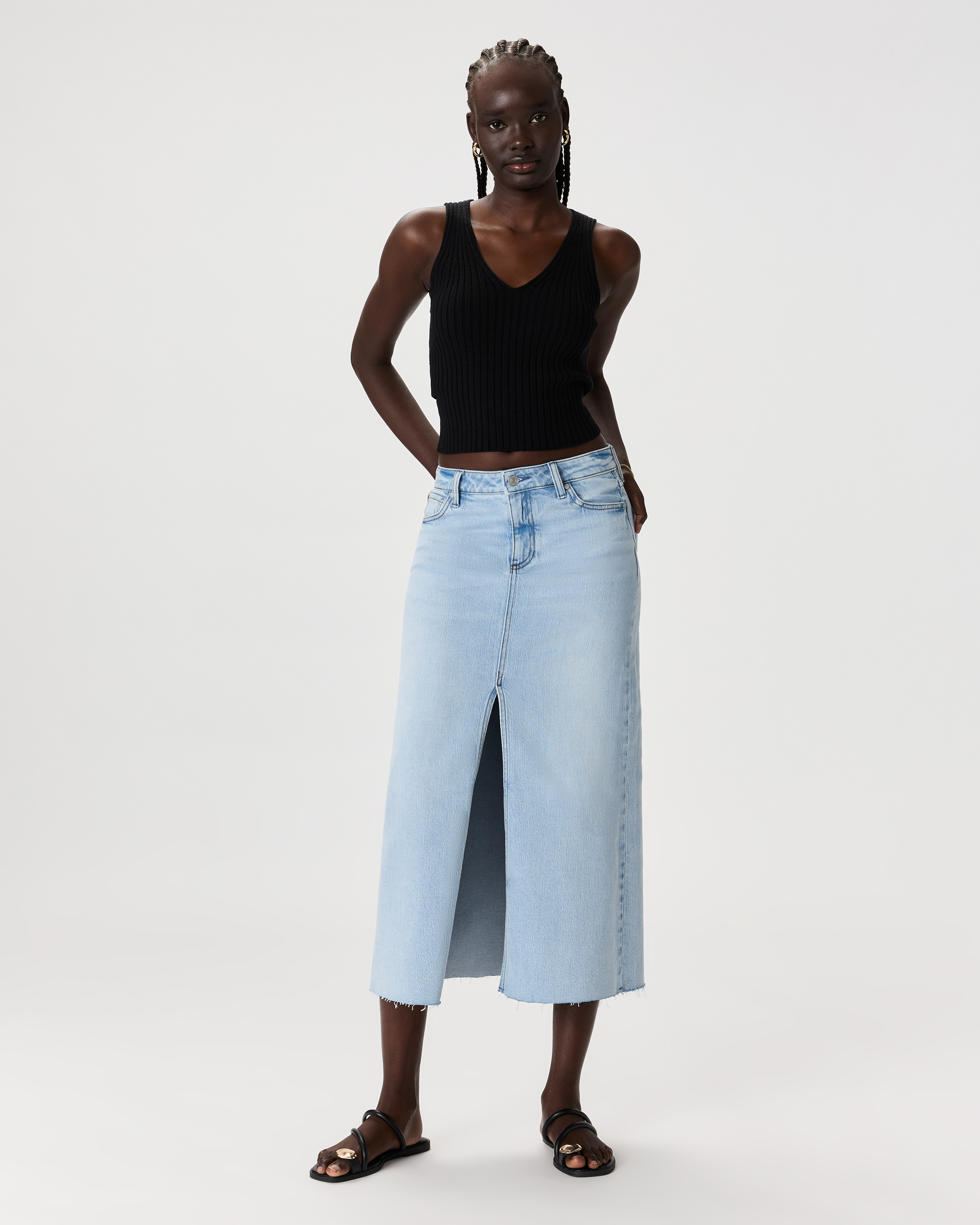 Stretch Denim 5-Pocket Midi Skirt | Quince Canada