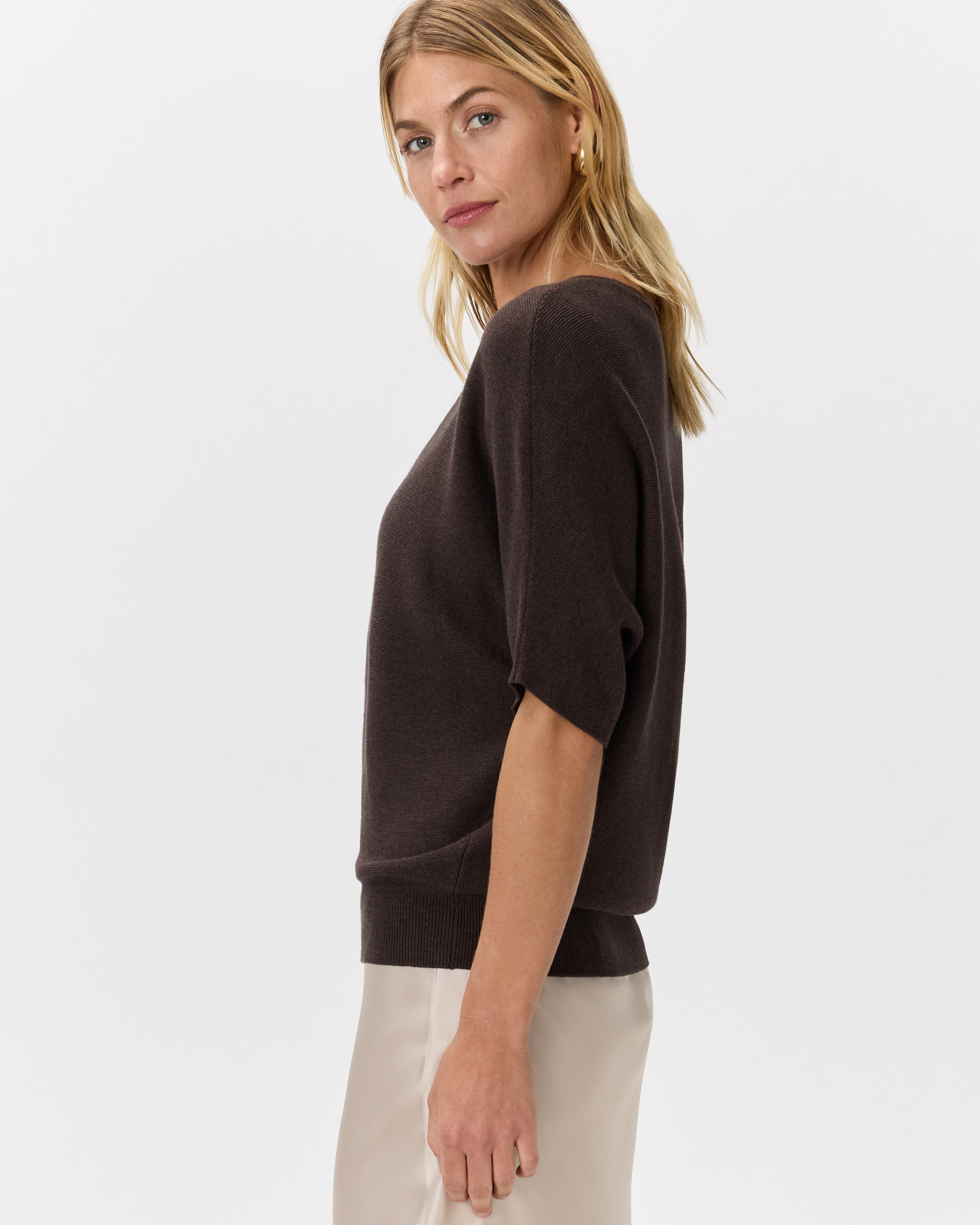 Lightweight Cotton Cashmere Link-Stitch Dolman Sweater in Mocha