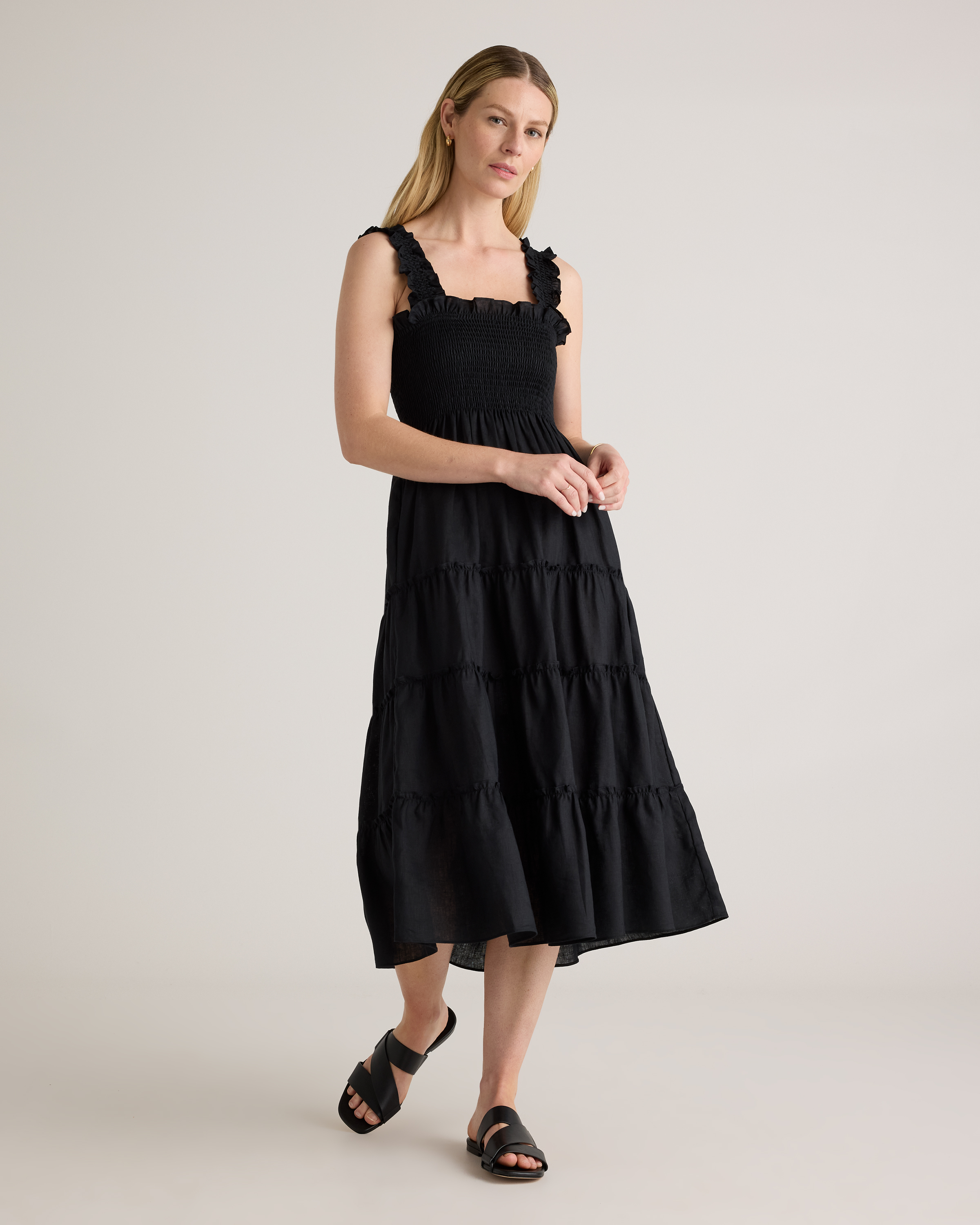 Black 100% European Linen Smocked Midi Dress