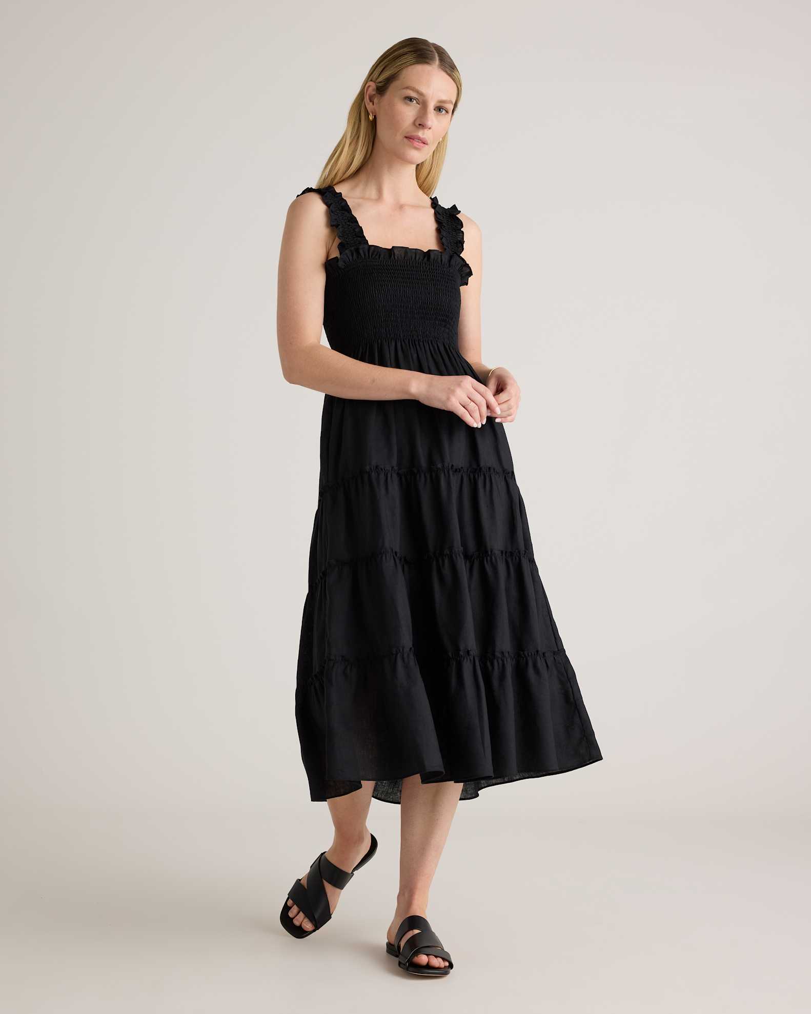 quince linen smocked dress 100% European Linen Smocked Midi Dress in Bayberry Olive