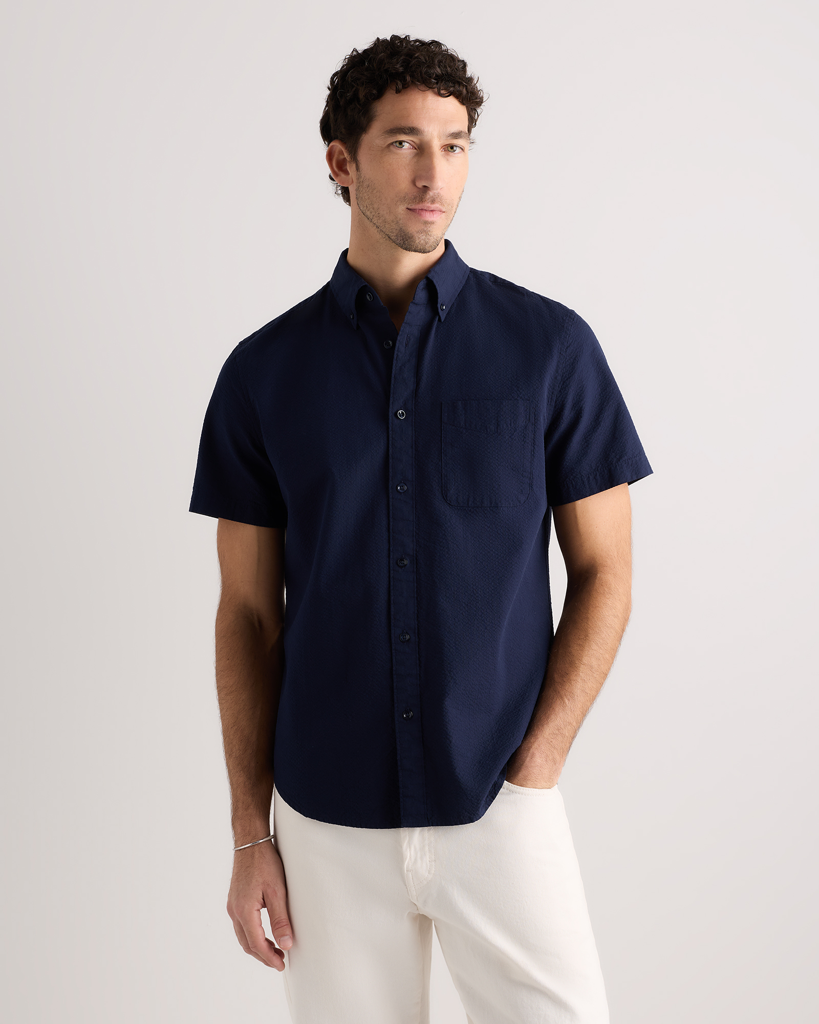 Navy 100% Organic Cotton Seersucker Short Sleeve Shirt