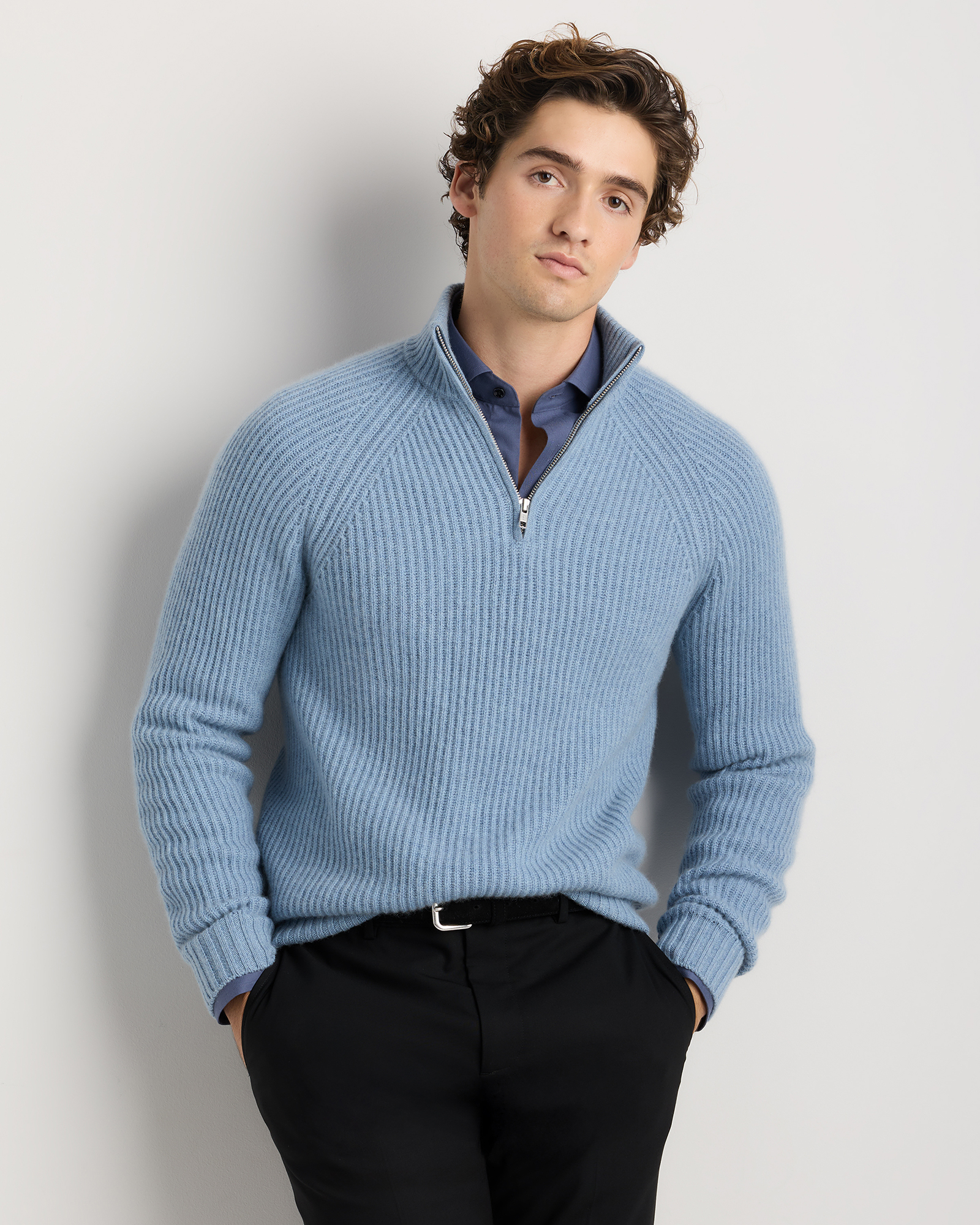 Faded Denim Mongolian Cashmere Fisherman Quarter Zip Sweater