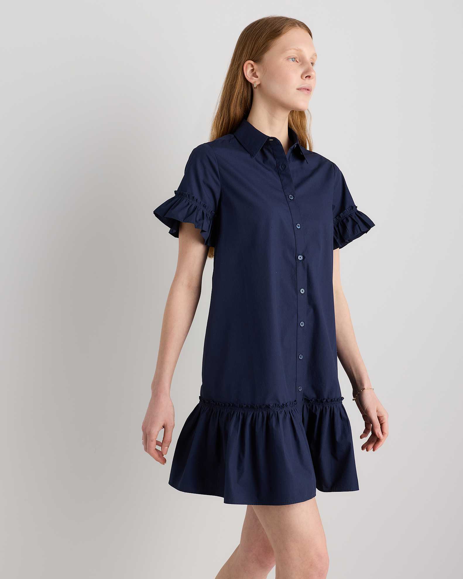 Women's 100% Organic Cotton Poplin Short Sleeve Ruffle Shirt Dress Women's 100% Organic Cotton Poplin Short Sleeve Ruffle Shirt Dress