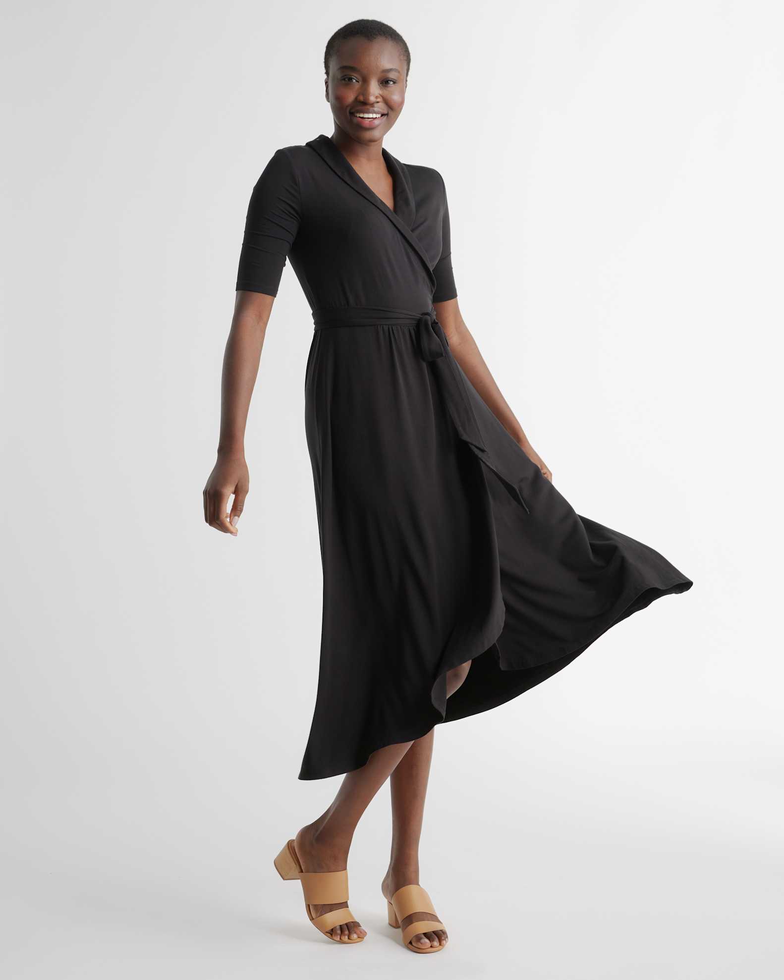 Quince Women's Tencel Jersey Midi Wrap Dress, Black, Size XS - Eco-Friendly, Comfortable, Modern Length, Rounded Collar Quince Women's Tencel Jersey Midi Wrap Dress, Black, Size XS - Eco-Friendly, Comfortable, Modern Length, Rounded Collar