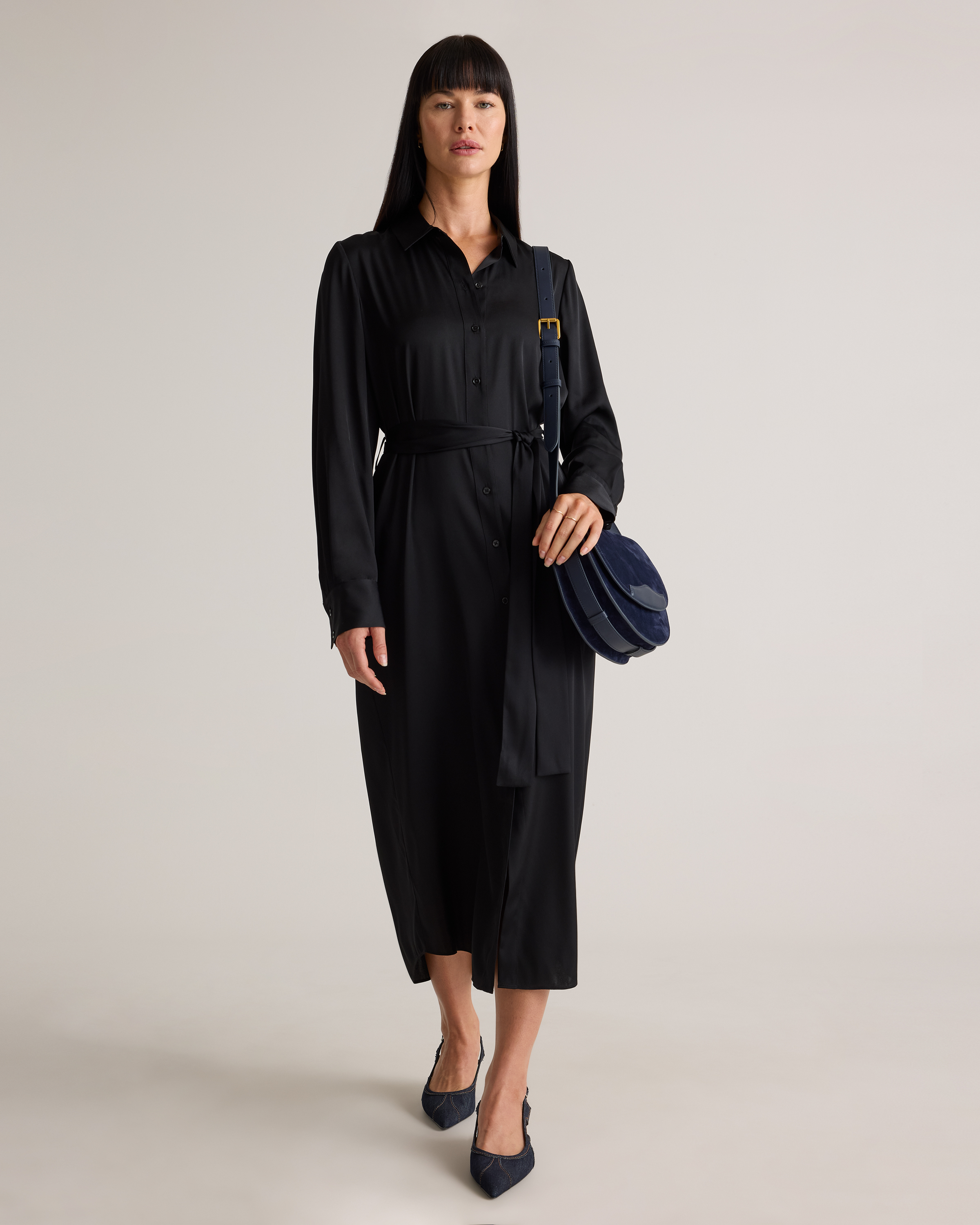 Quince Women's Washable Stretch Silk Maxi Shirt Dress, Black, Size XL - Chic, Low-Maintenance Luxe Look for Office & Date Nights