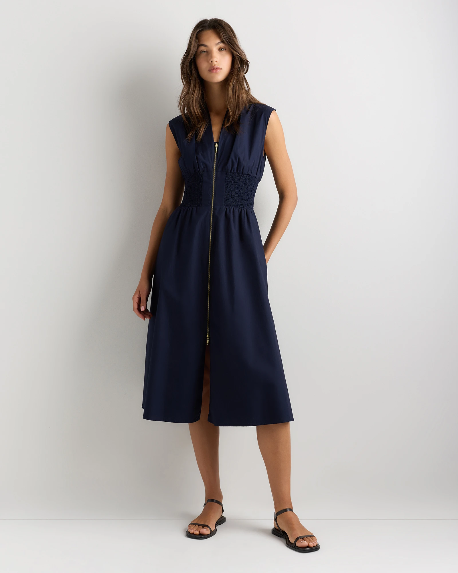100% Organic Cotton Poplin Zip-Front Midi Dress