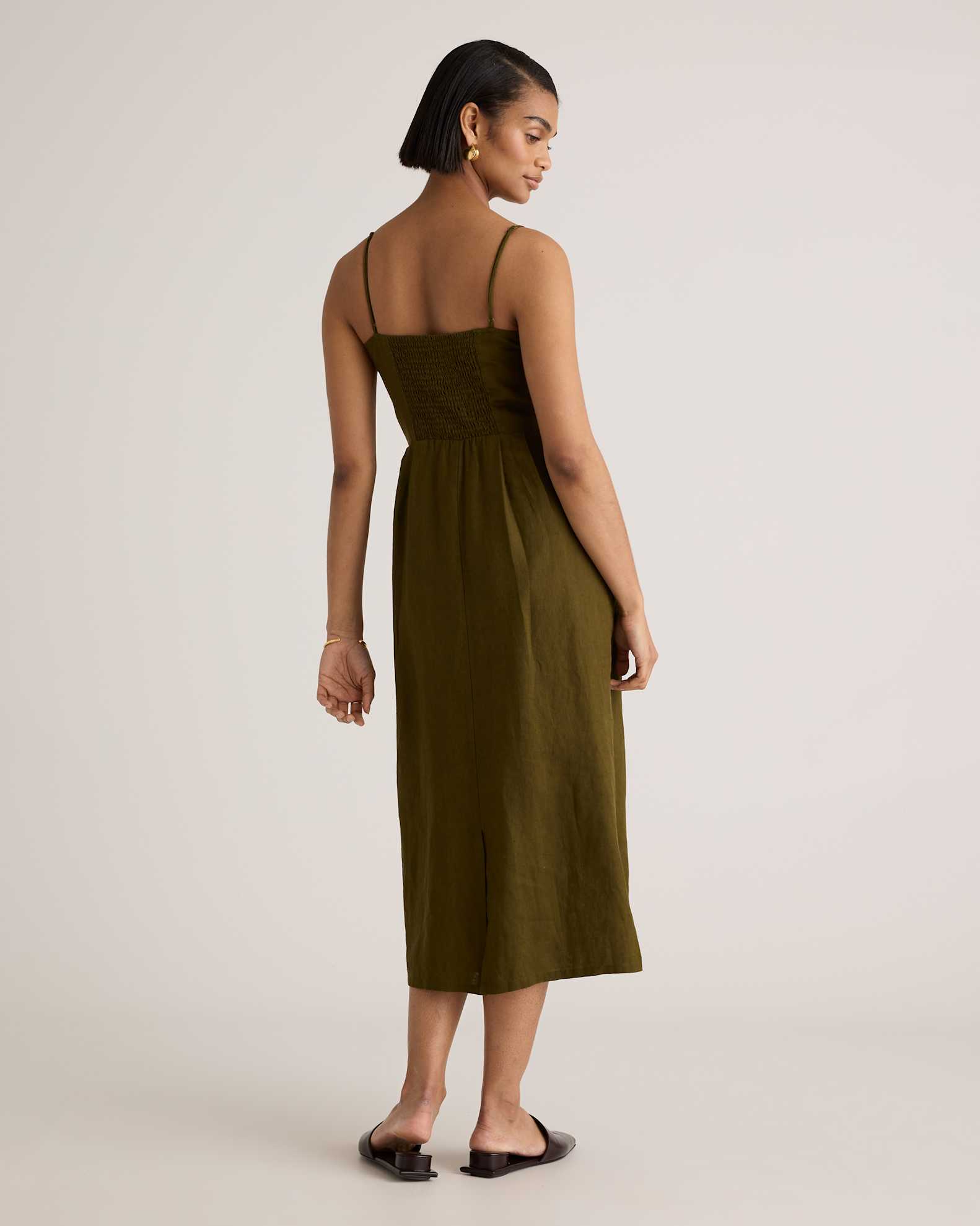 100% European Linen Scoop Neck Midi Dress in Martini Olive 100% European Linen Scoop Neck Midi Dress in Martini Olive