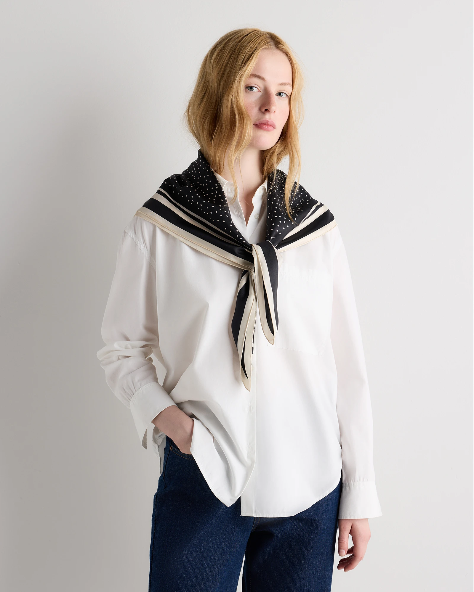 100% Silk Printed Square Scarf in Tiny Dot Black/ White