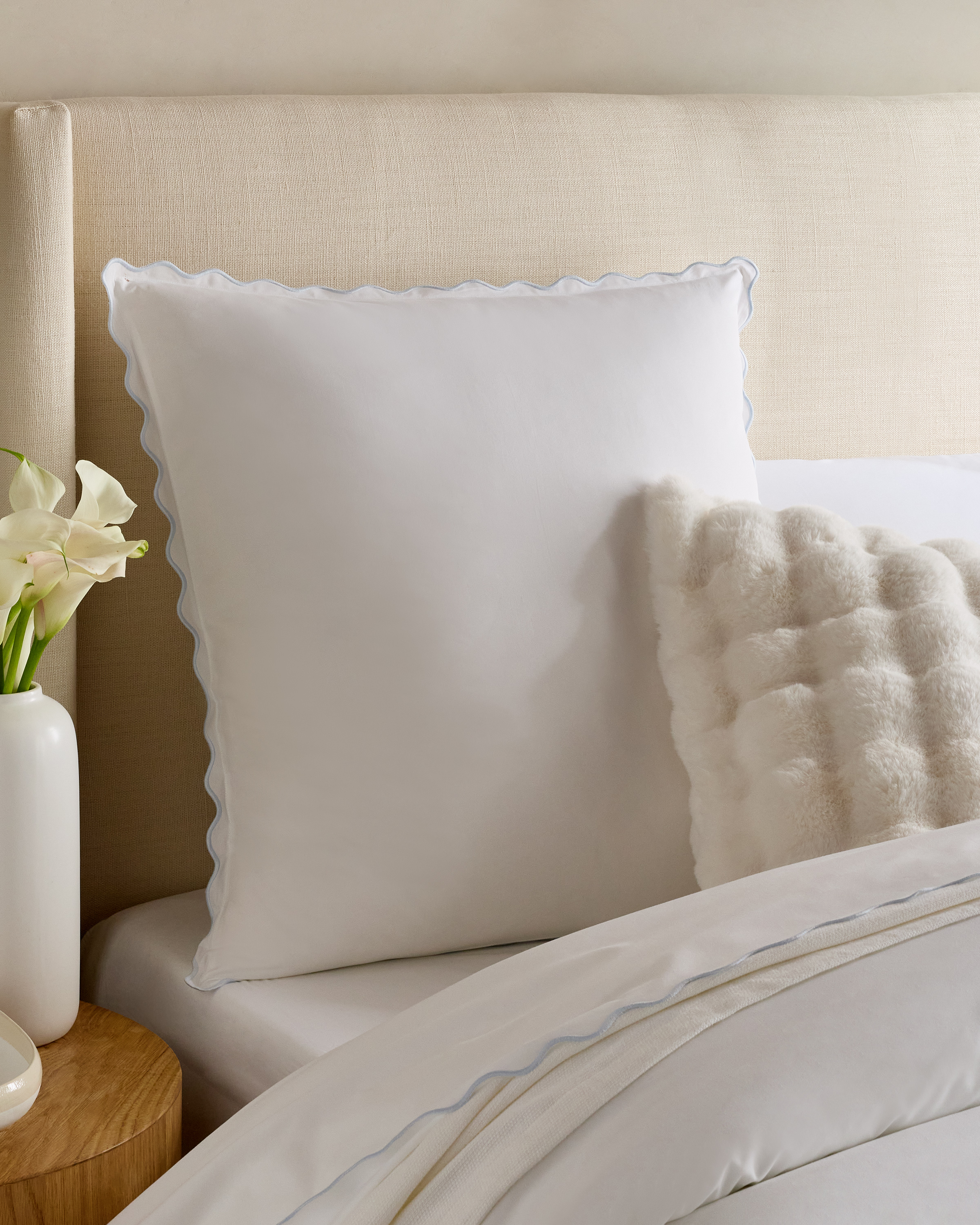 White/Mist Organic Crisp Percale Scallop Euro Sham