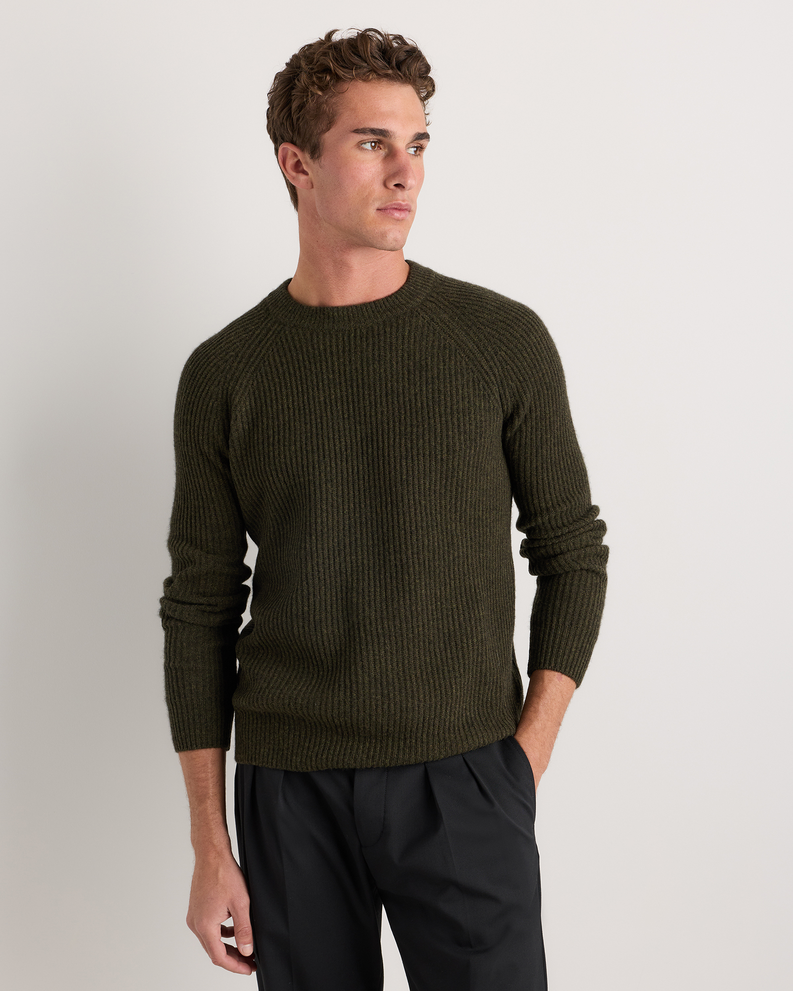 Olive Twist Mongolian Cashmere Fisherman Crewneck Sweater