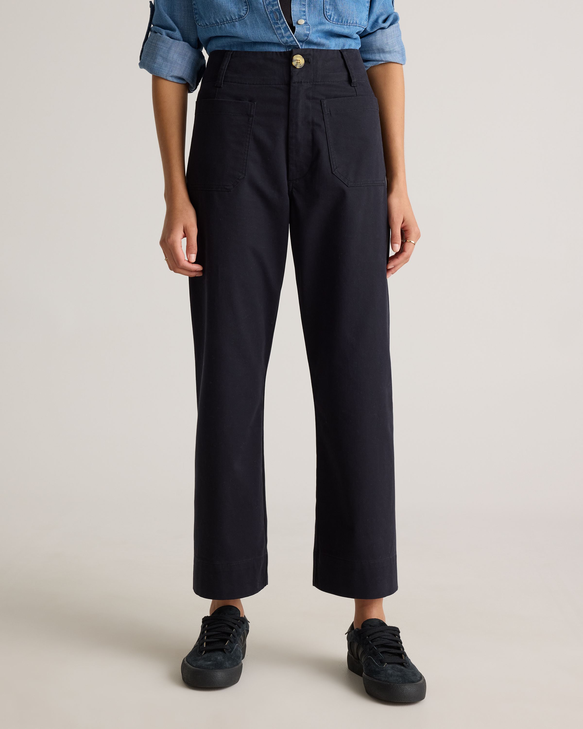 Organic Stretch Cotton Chino Wide Leg Pants in Black
